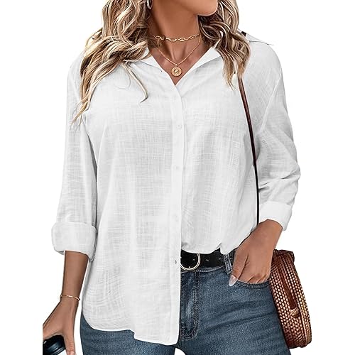 IN'VOLAND Womens Plus Size Button Down Shirt Linen Collared Shirt Long Sleeve Cotton Button Front Shirt Work Blouse Tops