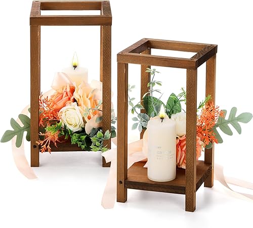 TOPZEA Paquete de 2 centros de mesa de linternas de boda, portavelas decorativo de madera rústica, granero de madera, decoración de mesa de boda