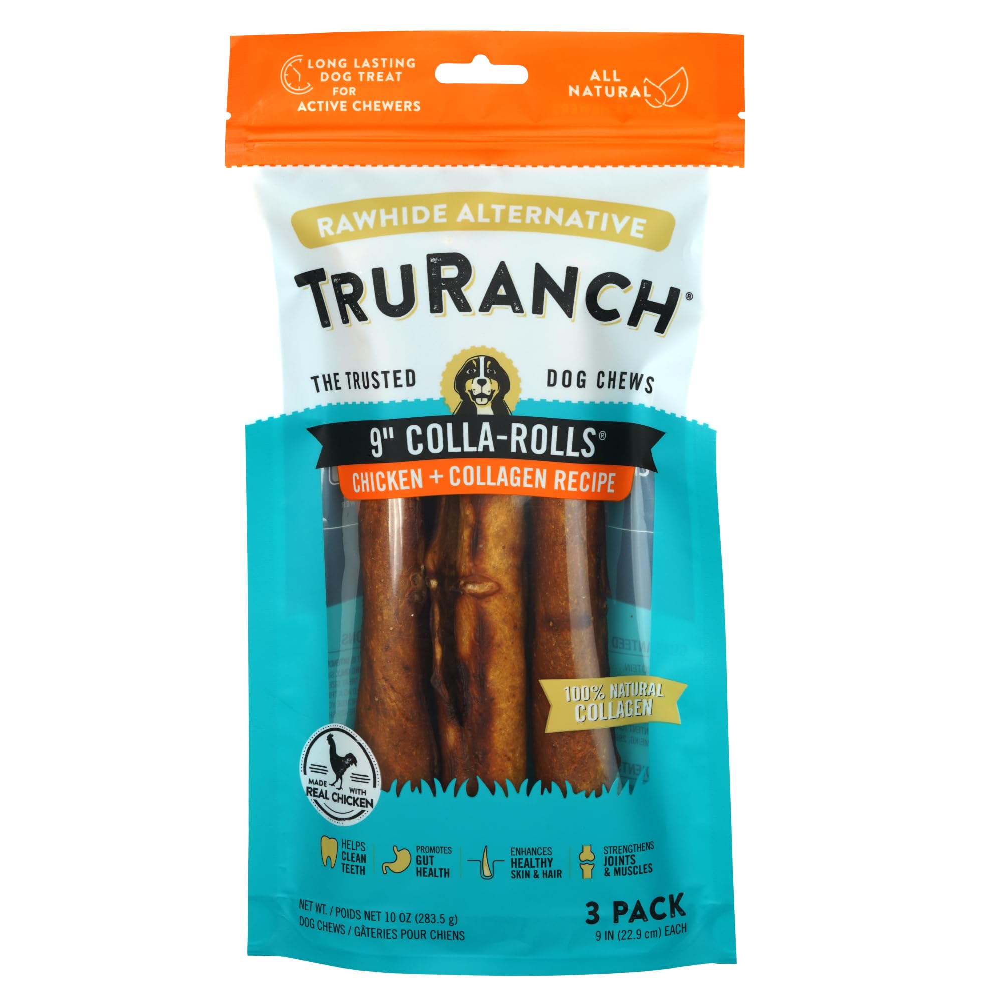 9" Collagen Rolls, Chicken, Healthy Joint Support Dog Treat, Rawhide Alternative, Skin & Coat Health, Made with Real Chicken, 1 Bag, 3 Count