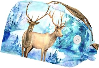 Deer and Winter Landscape Watercolor Illustration 2 Pack Adjustable Working Cap with Buttons Elastic Bouffant Hats Head Scarf with Sweatband for Women Men