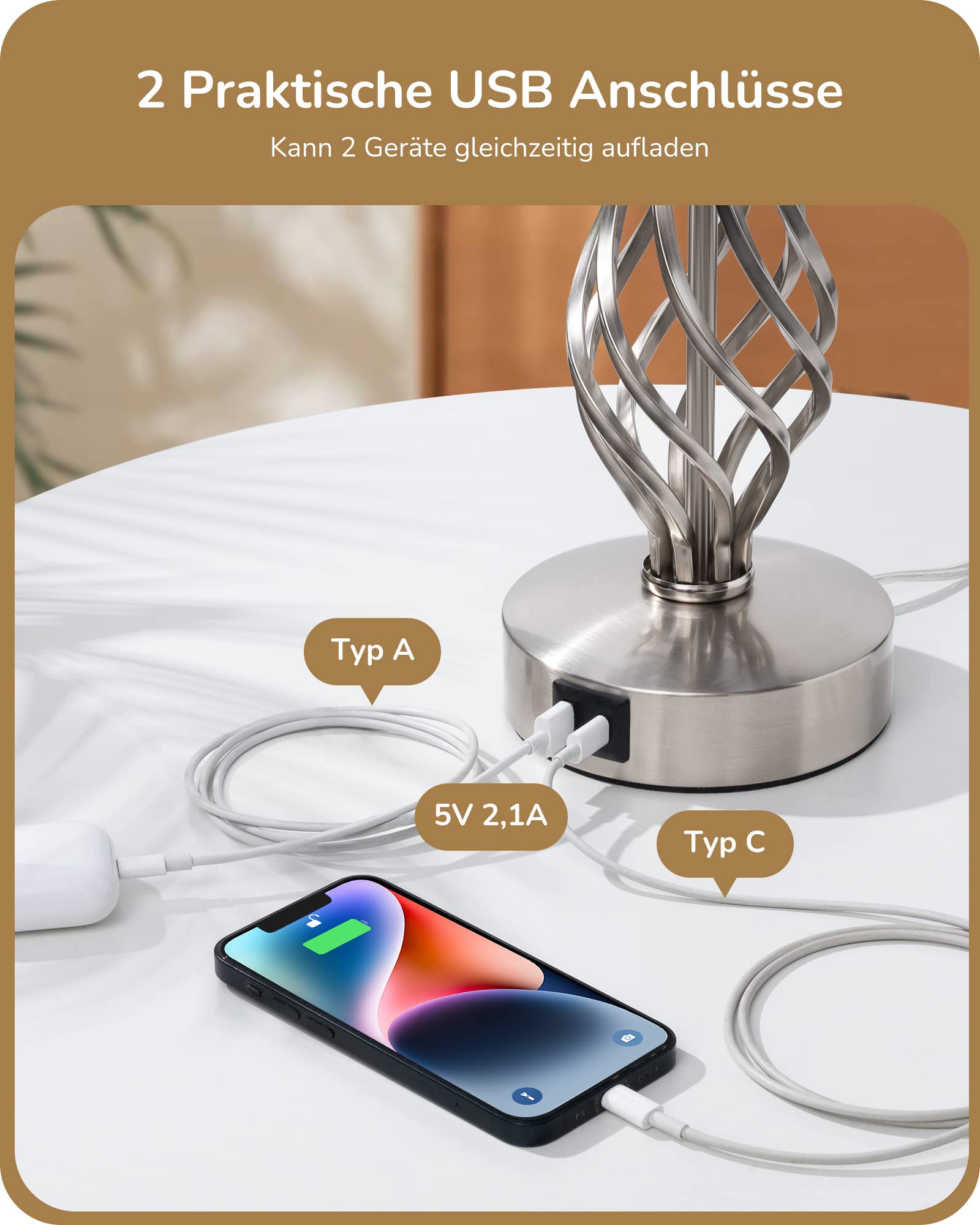EDISHINE LED Nachttischlampe Touch Dimmbar 2er Set, Tischlampe Modern, Lampe mit Ladefunktion, 2 USB Anschlüsse, für Deko Schlafzimmer, Wohnzimmer, Fensterbank, Geschenk, Lampenschirm Leinen, Grau
