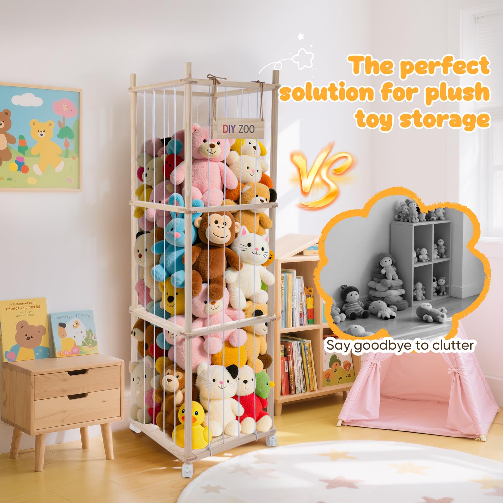 Caja de Almacenamiento para Peluches, 138x41x41cm de Madera Maciza con Ruedas Giratorias Bloqueables de 360°, Ideal para Habitaciones de Bebés, Salas de Estar, Dormitorios y Habitaciones Infant