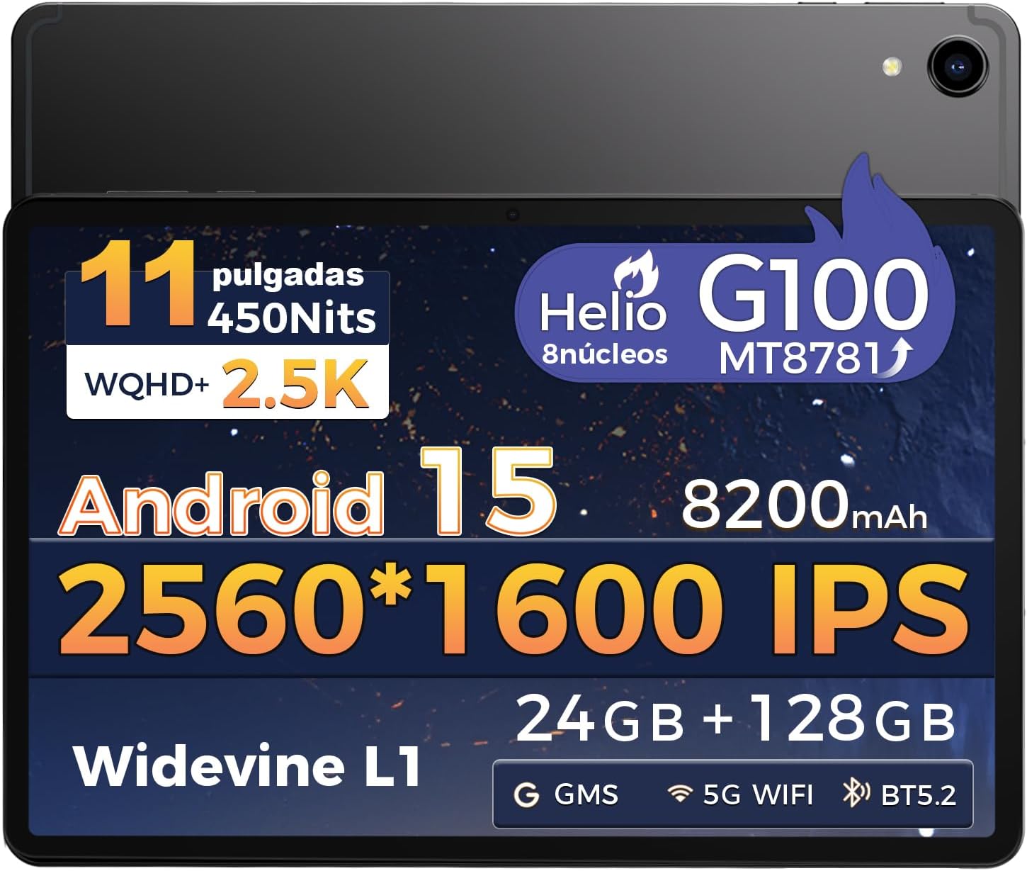 Tableta, Android 15, 10.95 Pulgadas, G100 Octa-Core Processor, 24GB RAM + 128GB ROM, 11 Pulgadas IPS FHD (2560 x 1600, 2.5K), 5+16 MP, 8200 mAh, Wi-Fi 6, Bluetooth 5.2, GPS