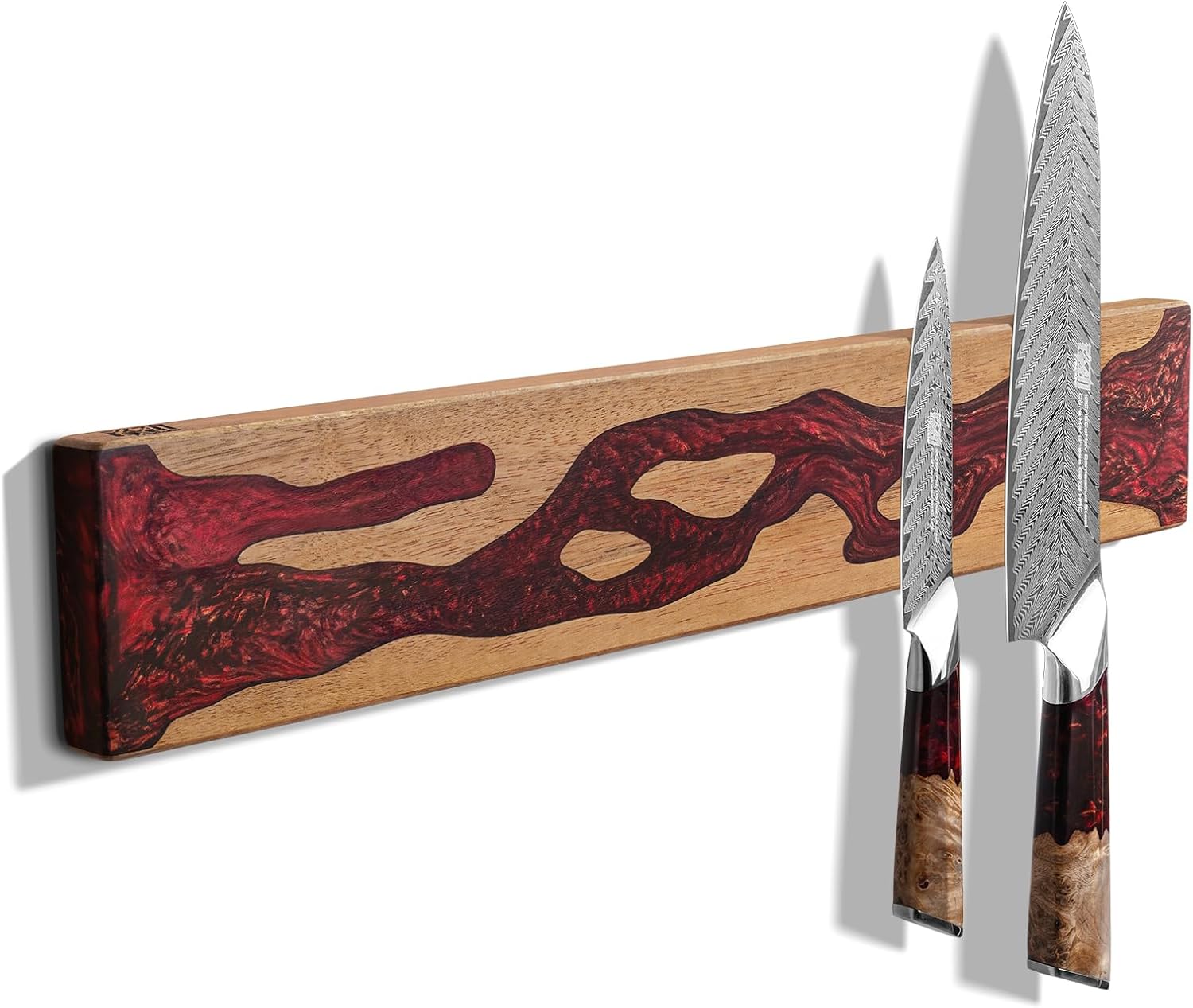 FINDKING Magnetic Knife Strip for Wall, Solid Acacia Wood with Mineral Blue Resin Inlay, Wall-Mounted Knife Holder with Strong Magnetic Hold, No-Drill Adhesive Mount (12 Inch)