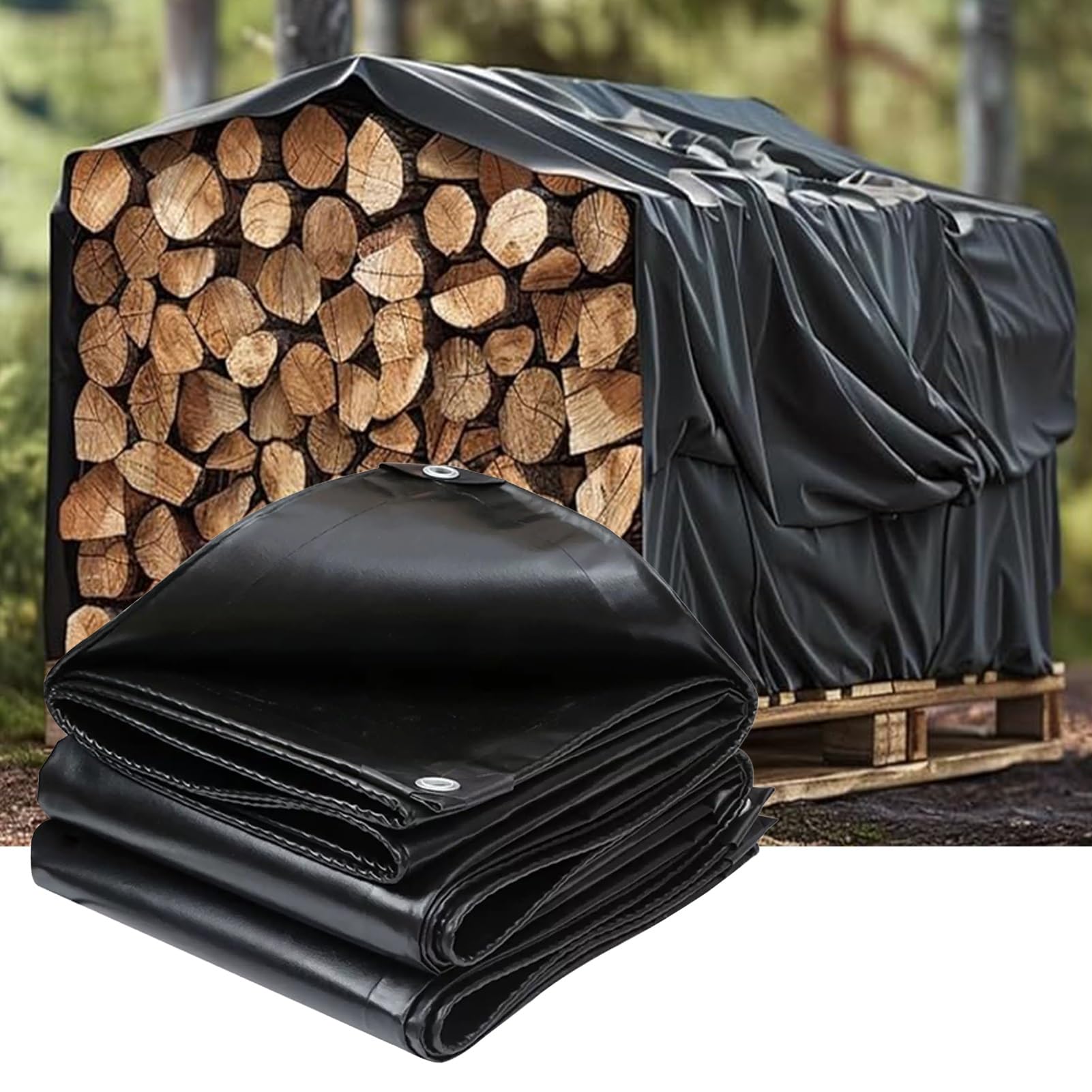 Dmchengma One Color 500G/㎡ Black Canvas Tarp - Uv Resistant Heavy Duty Waterproof Poly Tarpaulin Cover For Camping & Garden - Firewood Tarps(5X7m(16.4Ftx23ft))