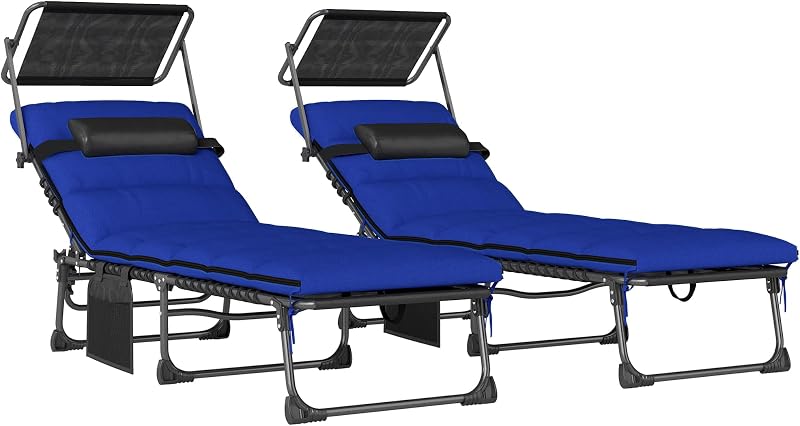 Outsunny Folding Sun Loungers Set of 2 with Canopy, 5-Position Reclining Garden Lounger, Side Pocket, Headrest, Cushions, Portable Recliner Sunbed with Carry Handle for Camping Beach Patio, Dark Blue