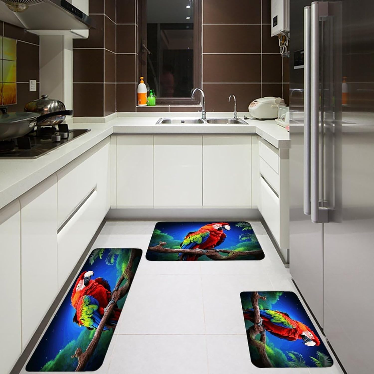 Parrot Kitchen Rugs Sets of 3 Washable Non Slip Kitchen Rug Water Resistant Carpet Piece Anti Fatigue Kitchen Mats Soft Comfort Standing Mat Modern Area Rug
