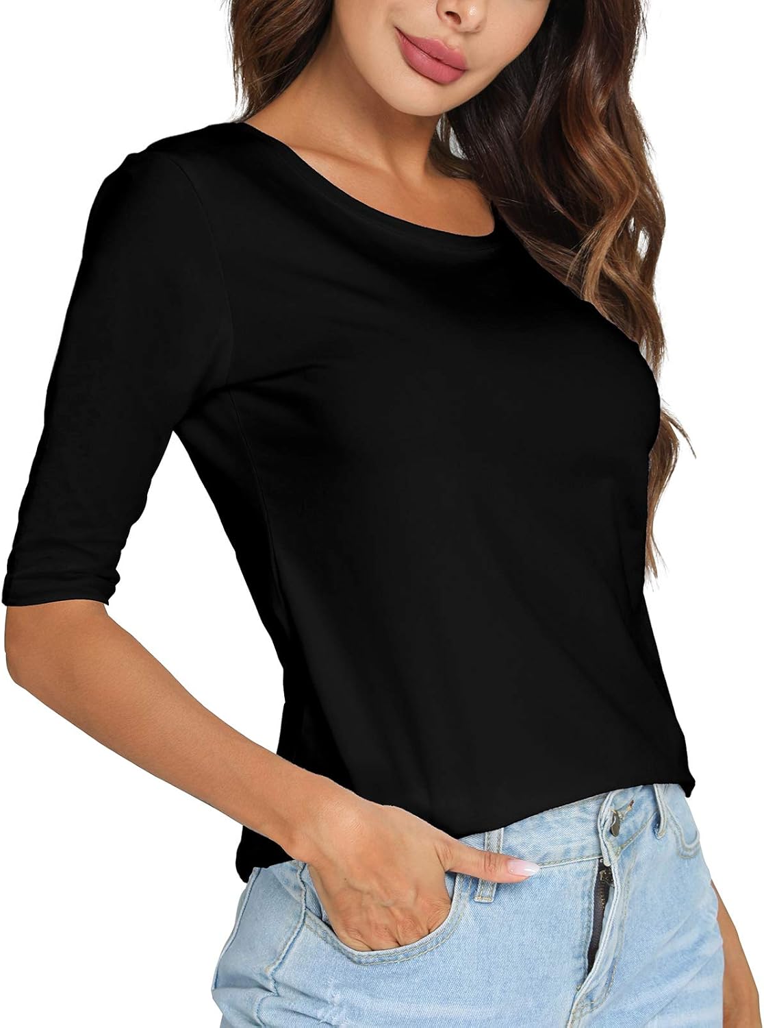 LOVFEE Women's Basic Round Neck Plain Half-Sleeve Tee Casual Fitted T Shirt - Image 5