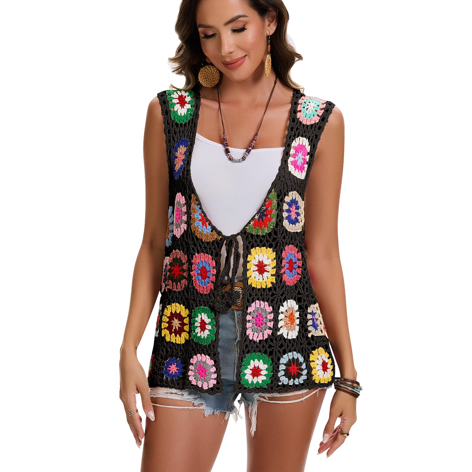 Crochet African Flower Granny Square Crochet Vest Color Block Sweater Knitted Multicolor Open Front Cardigan