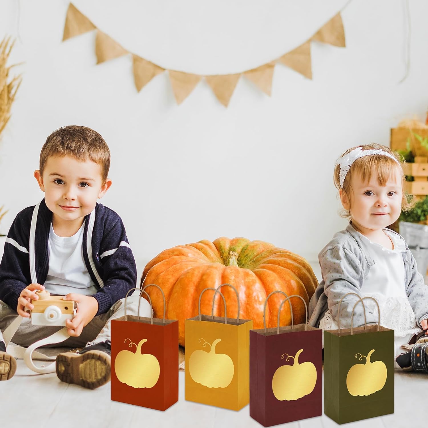 Whaline 36Pcs Fall Kraft Paper Gift Bags with Gold Pumpkin Candy Goodies Bags Grocery Shopping Treat Bags for Autumn Holiday Wedding Birthday Party Favors Supplies - Image 7