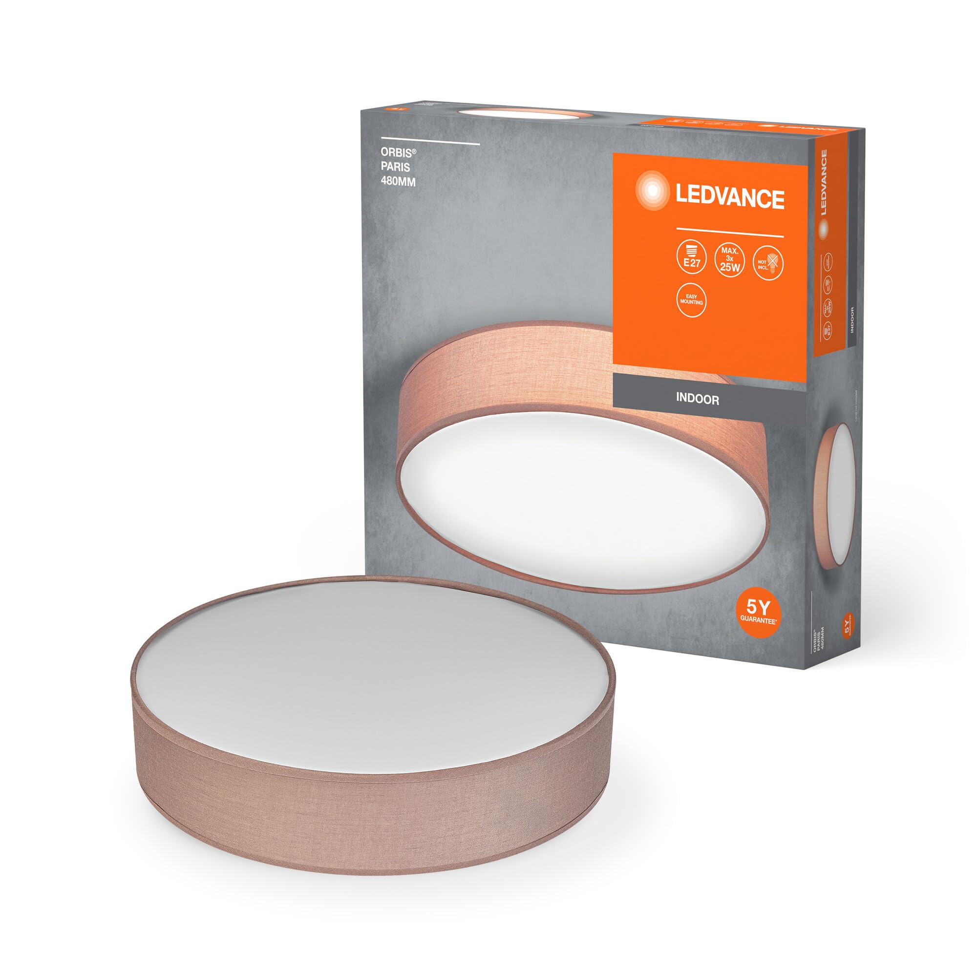 LEDVANCE Orbis Paris Ceiling Light 480Mm, Brown, 3Xe27 Base, Can Be Fitted with Smart Lamp, High Quality, Modern Design, with Fabric Shade, Suitable for Indoor Use, Round, Ip20