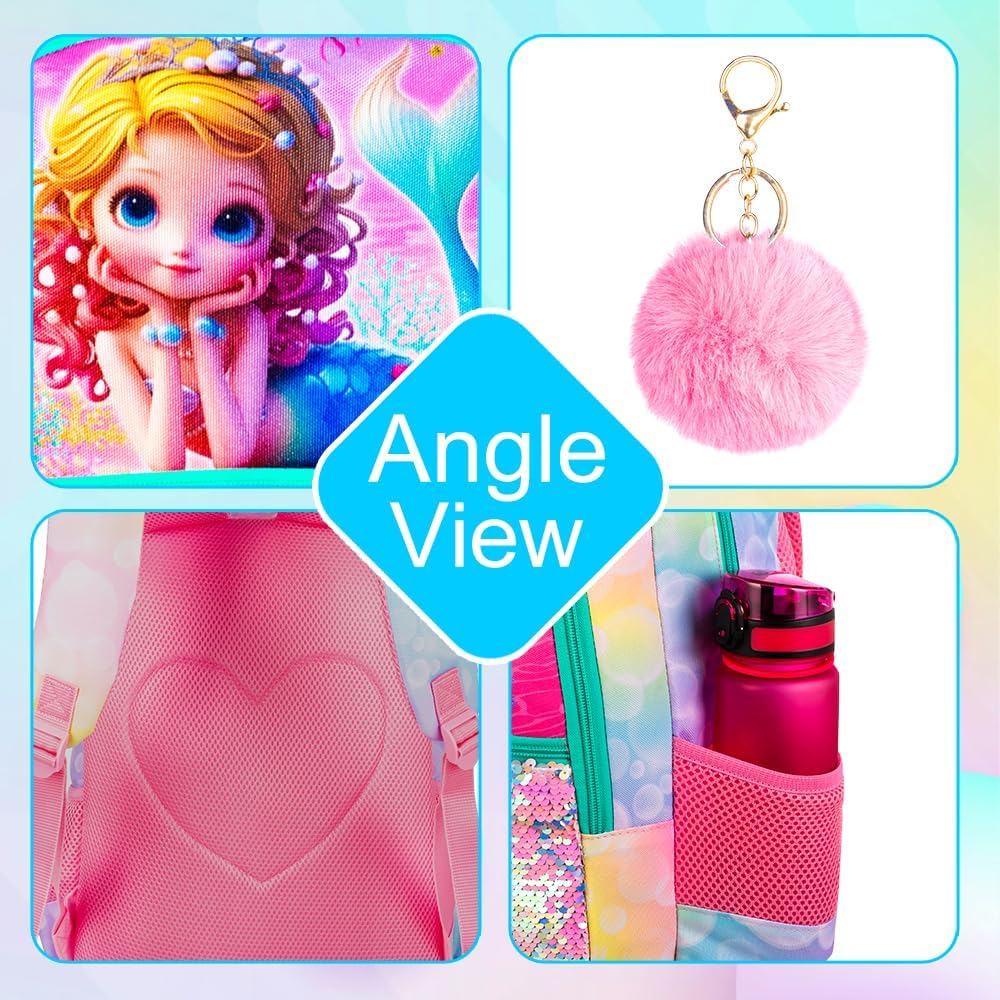 3Pcs Mermaid Backpack Set, 16" Girls Sequins Bookbag with Lunch Box, School Kids Backpacks for Elementary Preschool Kindergarten(Pink) - Image 5