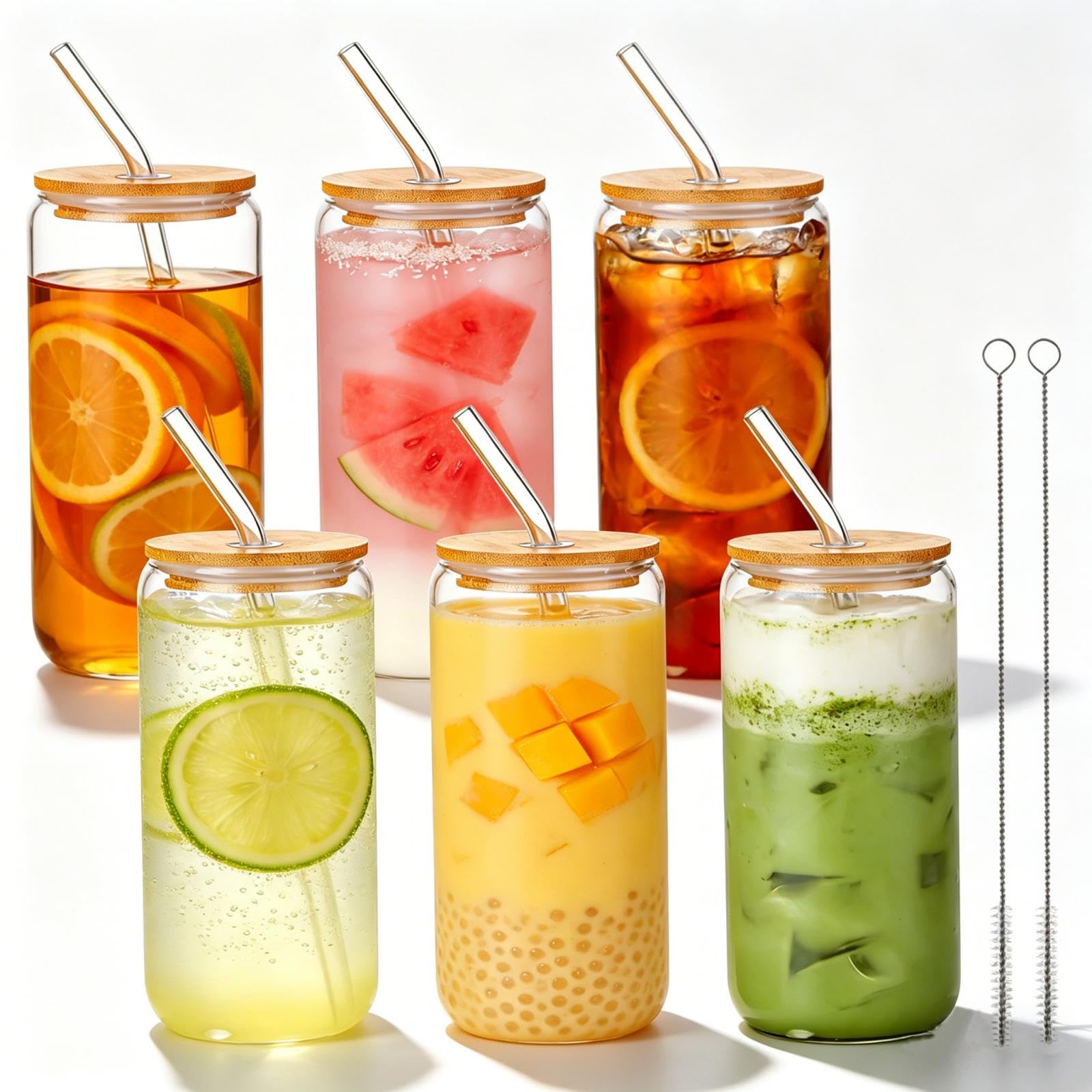 6 Pezzi Bicchieri di Vetro con Coperchi e Cannucce, 500 ml Bicchiere con Cannuccia, Tazze in Vetro da Caffè Ghiacciata, Bicchiere da Birra a Forma di Lattina, Bicchieri da Cocktail