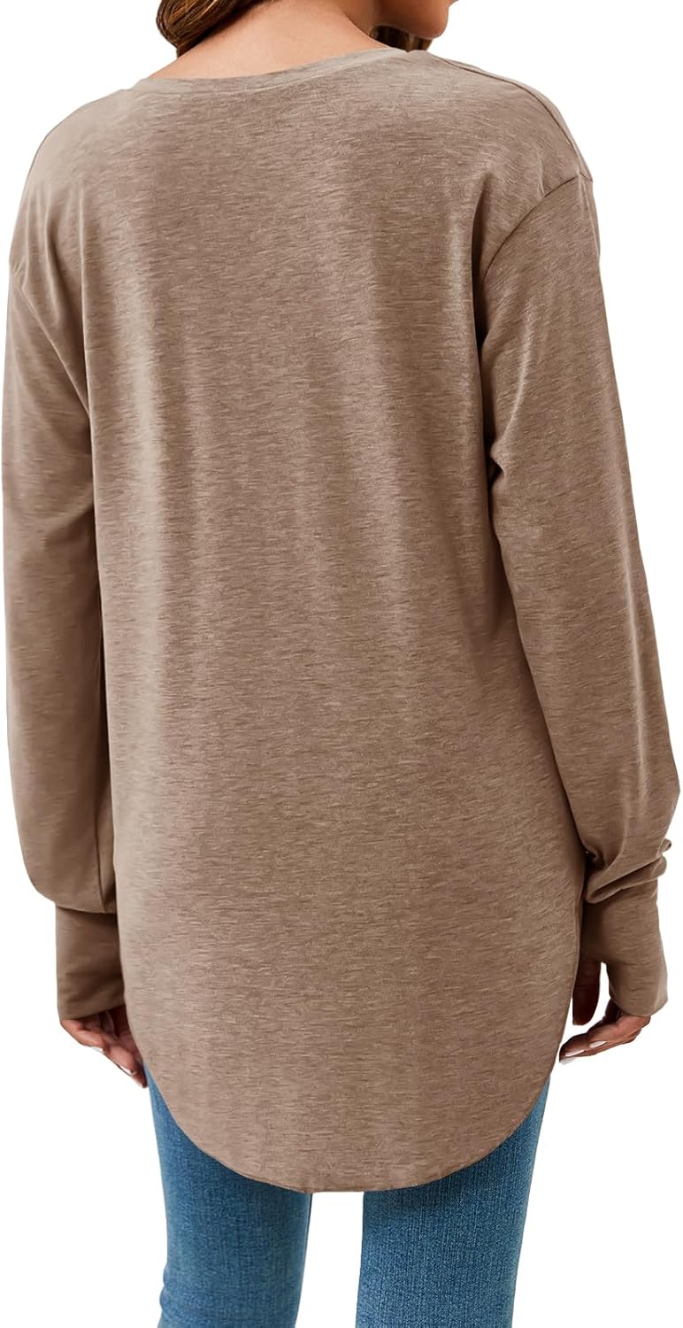 Tankaneo Womens Deep V Neck Tunic Tops Long Sleeve Oversized Casual Loose Fit Curved Hem T Shirts - Image 5