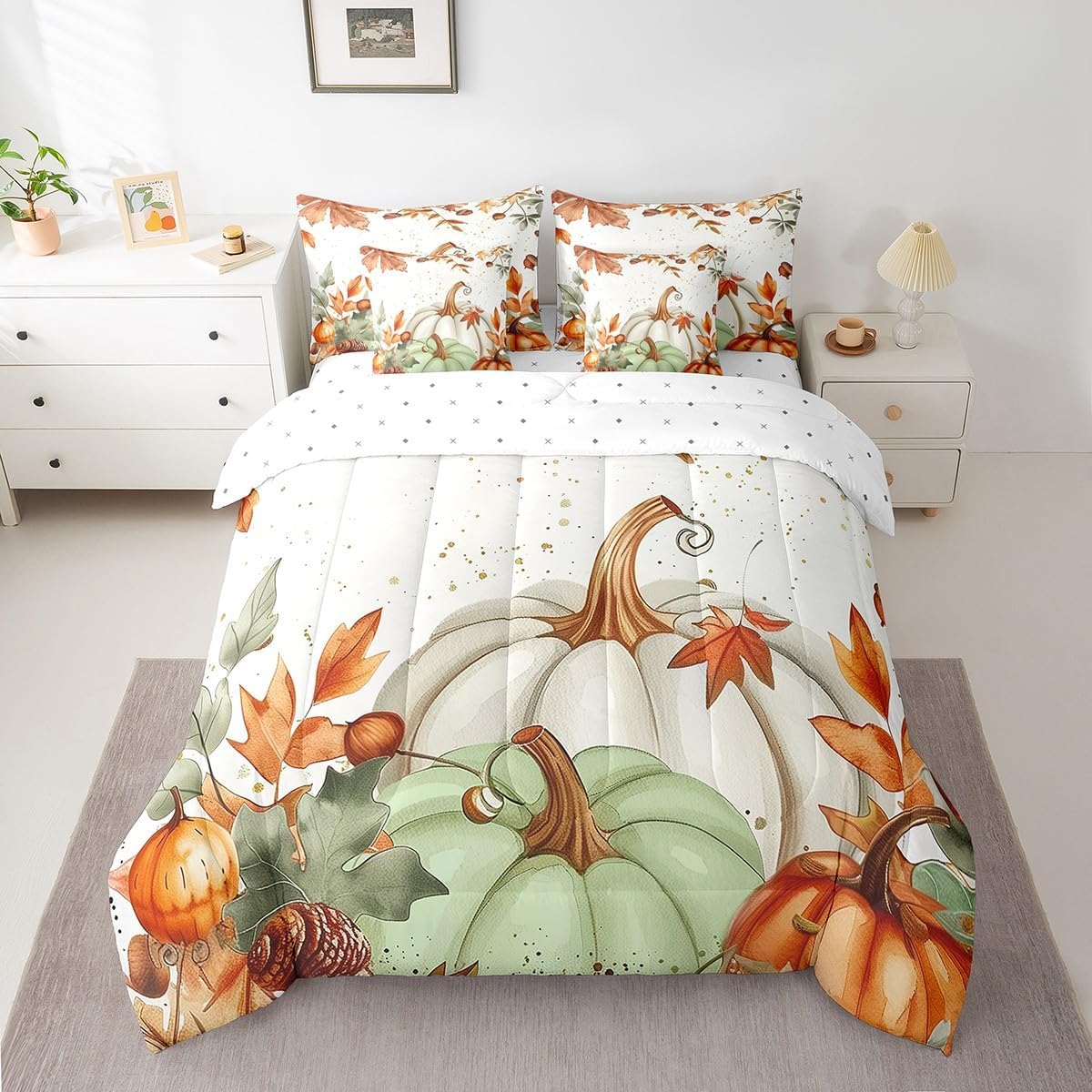 Erosebridal 7Pcs Fall Pumpkin Comforter Sets Twin Size, Autumn Harvest Comforter Set Maple Leaves Bed in a Bag(1 Comforter, 1 Flat Sheet 1 Fitted Sheet 2 Pillowcases and 2 Throw Pillow Covers)