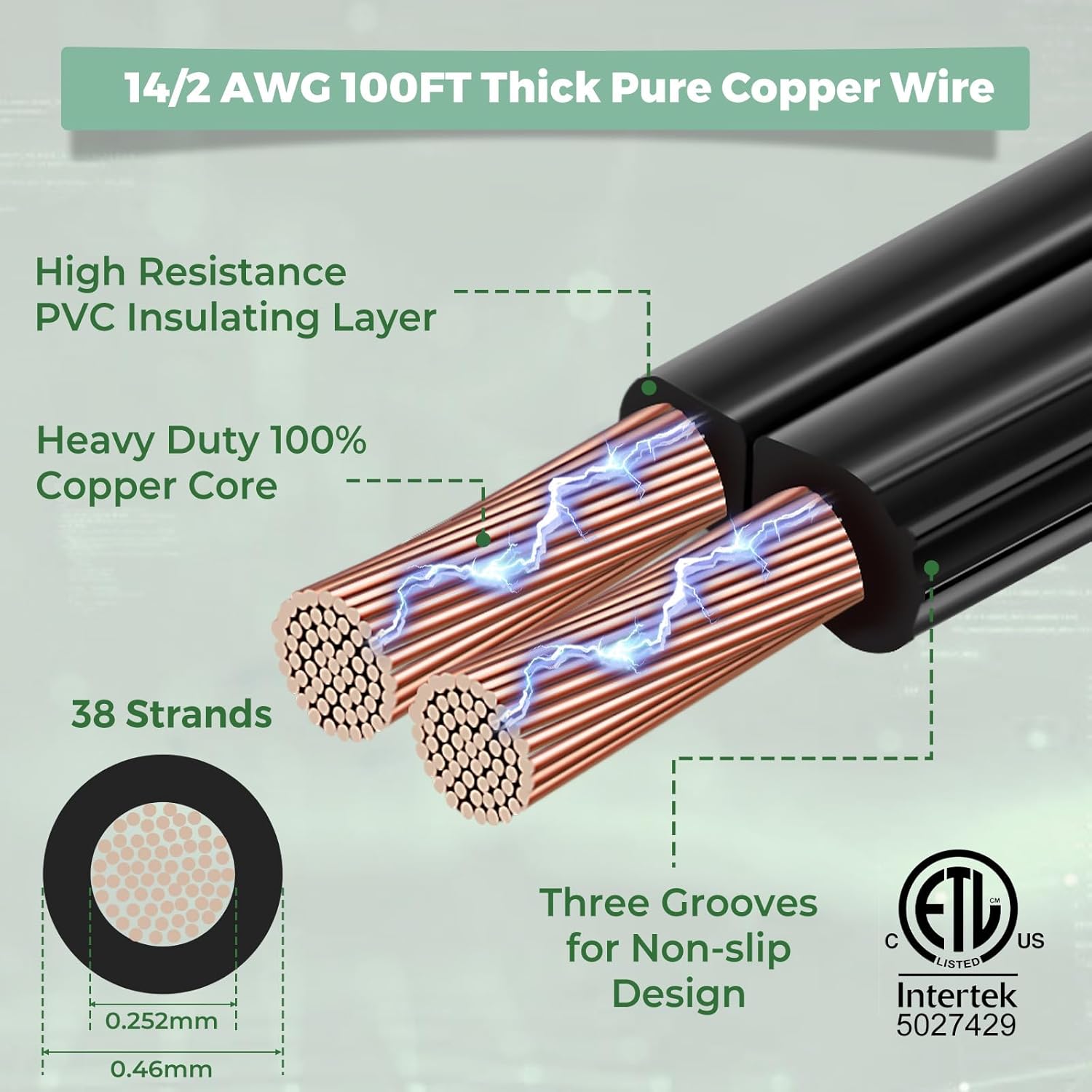 Gardencoin 14/2 Low Voltage Landscape Lighting Wire 100FT, 14 Gauge 2 Conductor Outdoor Waterproof Direct Burial Electrical Cable, Pure Copper, ETL Listed
