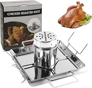 goldmiky Stojak do pieczenia kurczaka na puszkę piwa, pionowy stojak do pieczenia, grill ze stali nierdzewnej grillowany stojak z ociekającą patelnią piwo kurczak pionowy grill do grilla na zewnątrz na kemping