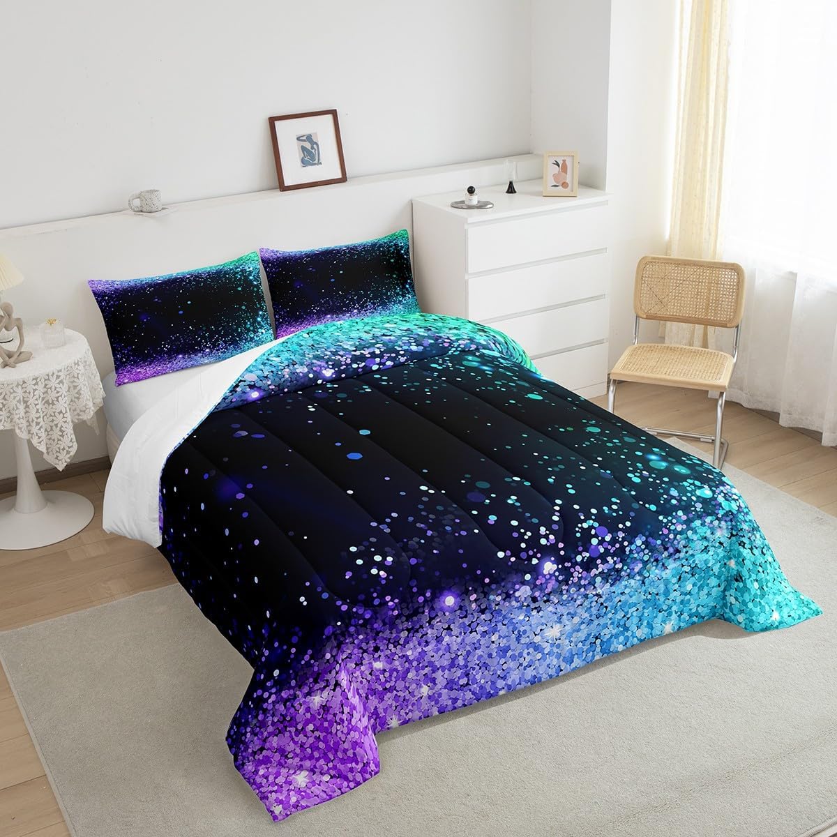 Manfei Glitter Print Comforter Set King Size, Purple Blue Sequins Print Bedding Set for Kids Girls Adults, Fashion Sparkling Down Comforter, Lightweight Duvet Insert,2 Pillowcases