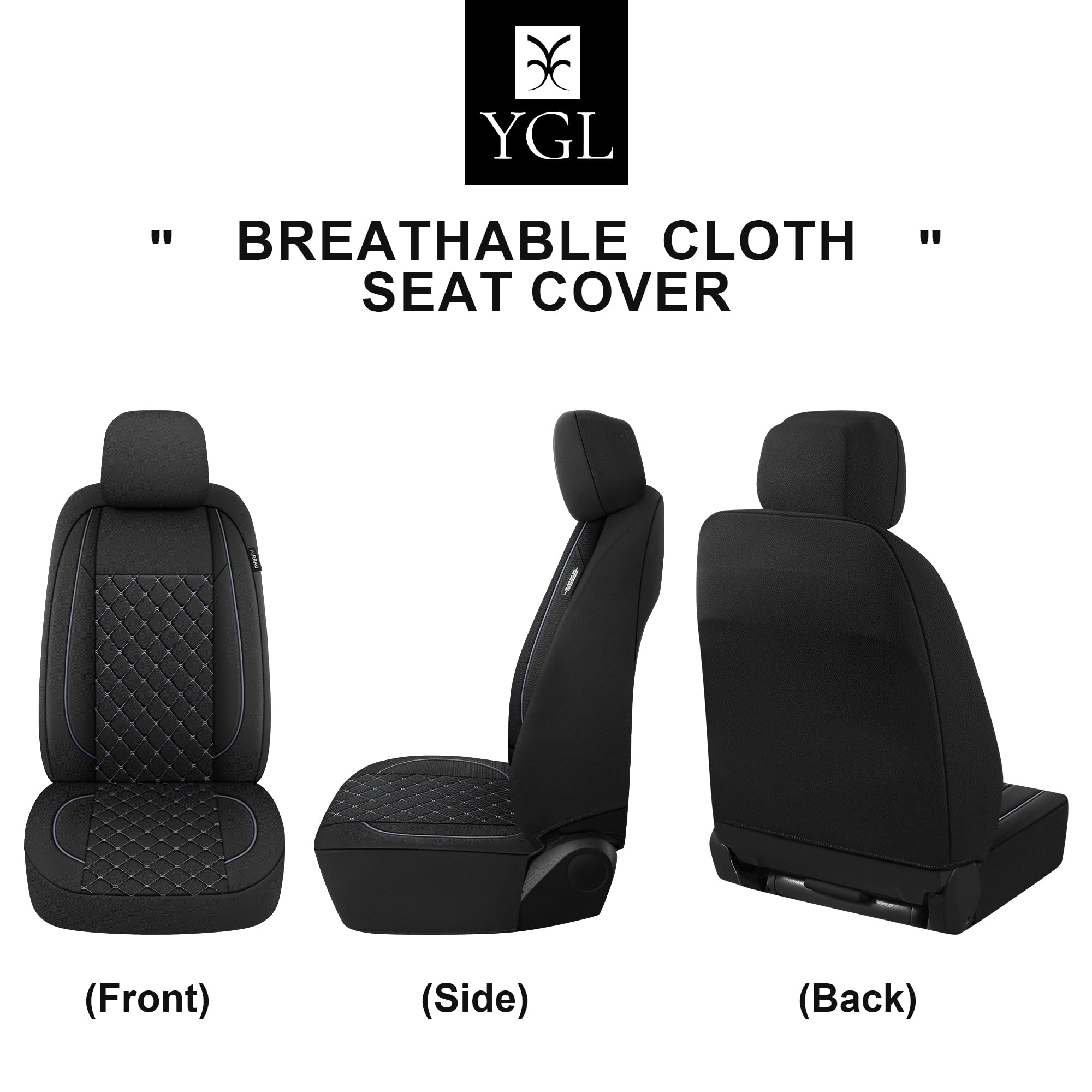 YGL Breathble - Set completo di coprisedili per auto, lavabili, in tessuto di alta qualità, coprisedili per auto, berlina, furgoni, camion, SUV (nero/grigio)