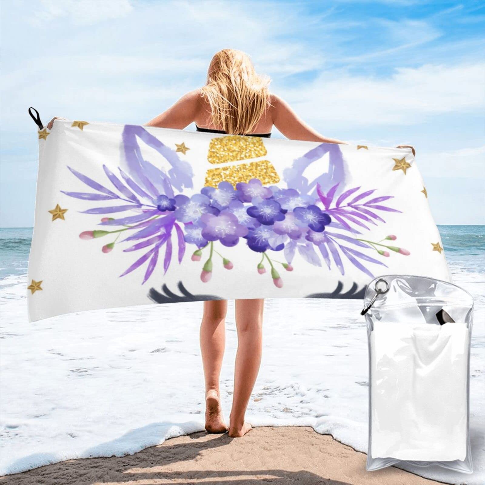 Lawenp Floral Unicorns Microfiber Beach Towel Adults Large Quick Drying Bath Towel Travel Towels with Pouch 31.5"x63"