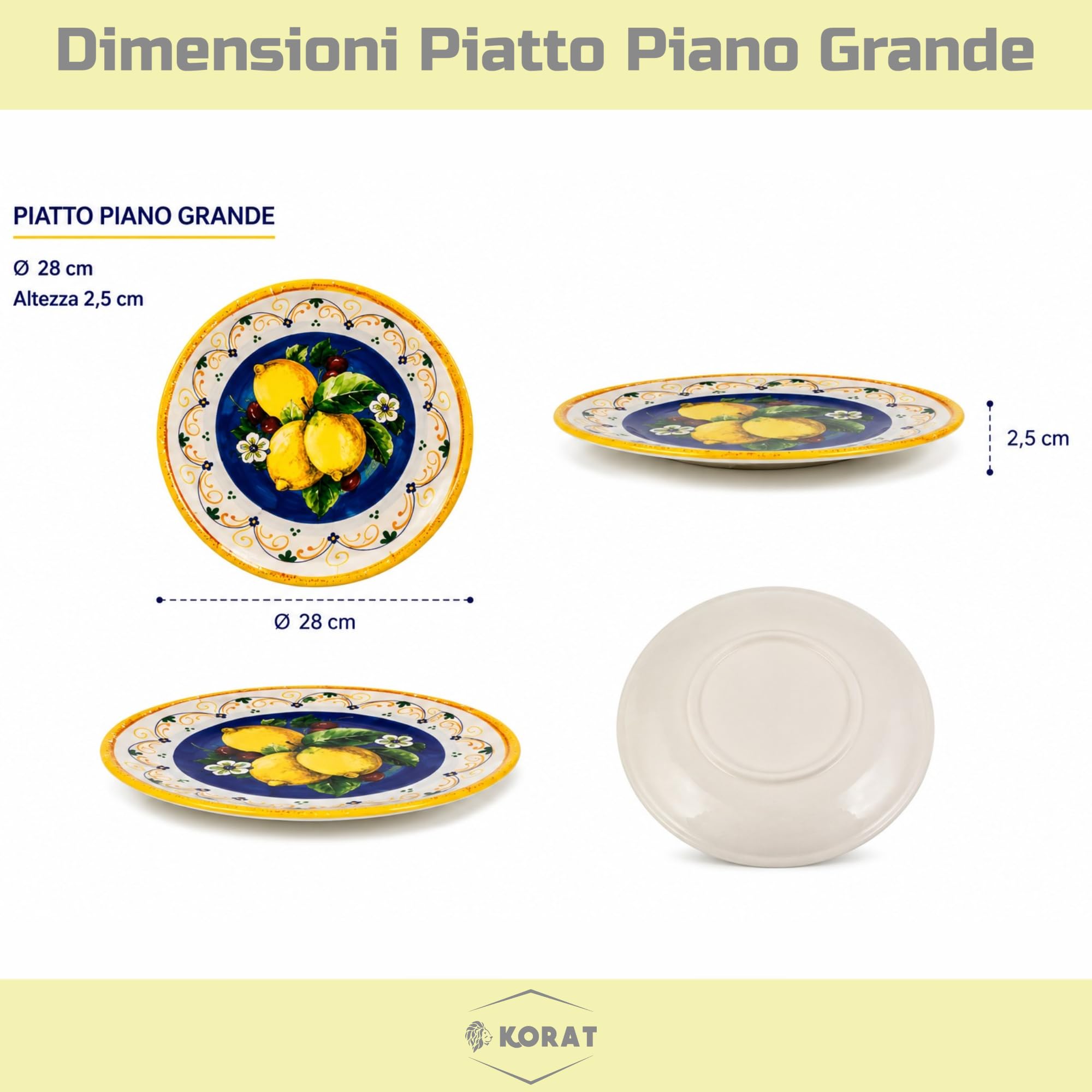 KORAT - Set Piatti in Melamina 13 Pezzi Fantasia Limoni Mediterranei, Servizio Tavola per 6 Persone con 6 Piatti Piani 28 cm, 6 Piatti Dessert 22 cm e Insalatiera 30 cm, Leggeri e Resistenti