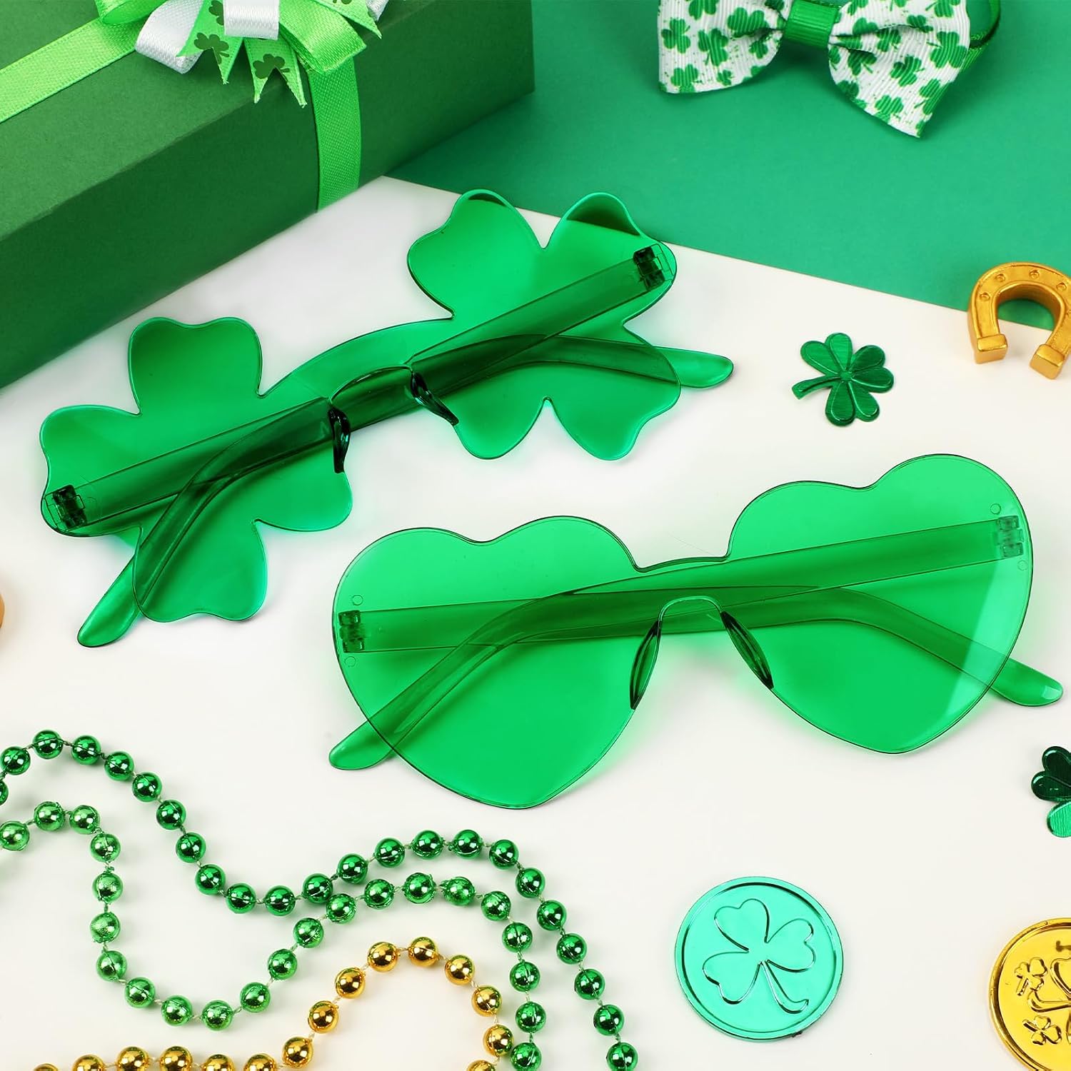 12pairs St. Patrick's Day Sunglasses, Green Shamrock Heart Rimless Glasses St. Patrick's Accessories Eyewear for Party Favor Decorations