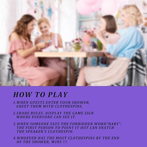 Miniatura 4 de Don't Say Baby Game For Baby Shower Clothespin Game, un letrero de papel recubierto de 5 x 7 pulgadas y 50 pinzas naturales para la ropa, tema