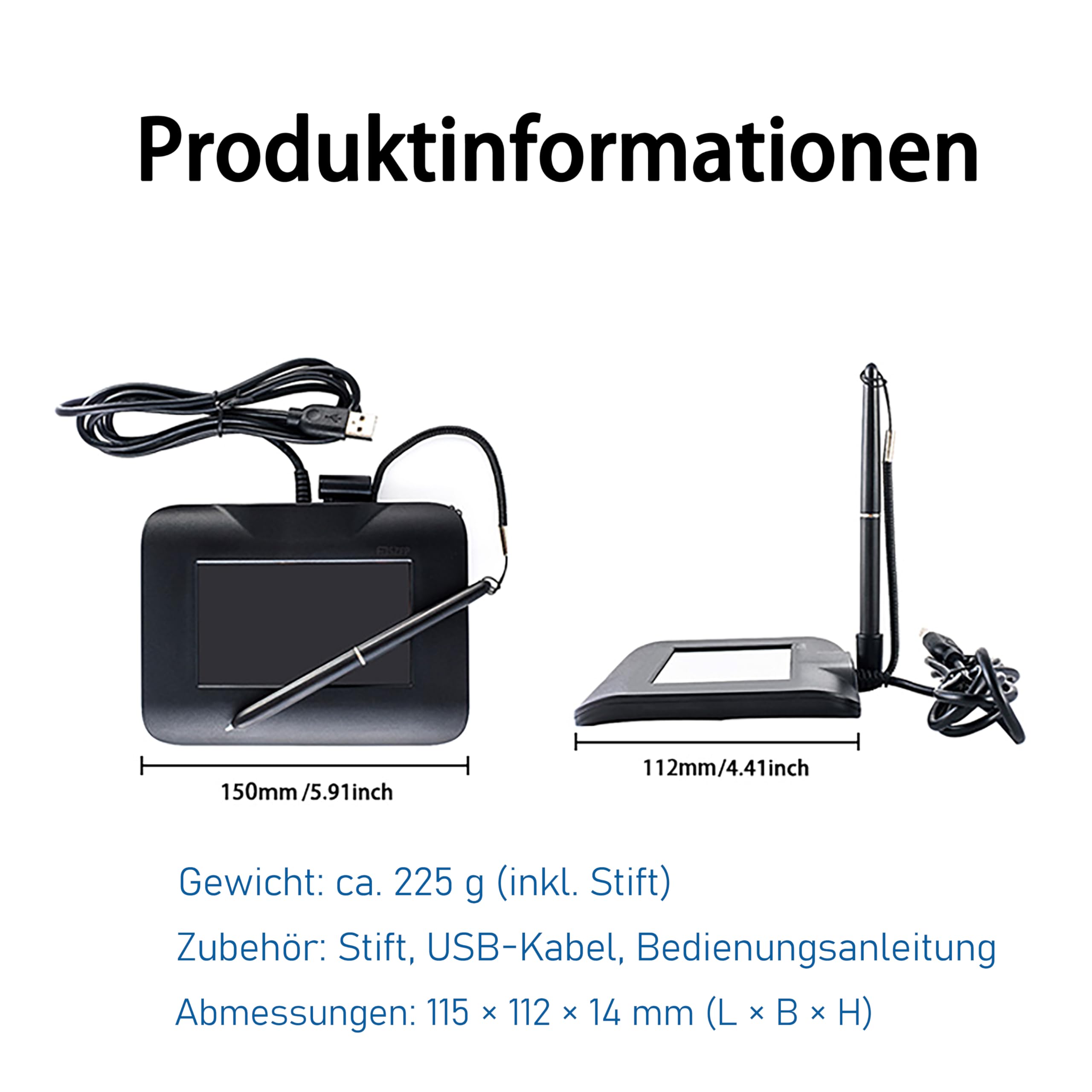 Das elektronische Signaturpad FP430S mit USB-Anschluss ist kompatibel mit Computern und Laptops unter Windows 7, 8, 10 und 11. Ein Signaturstift ist im Lieferumfang enthalten. 4,3-Zoll-LCD-Farbdisplay