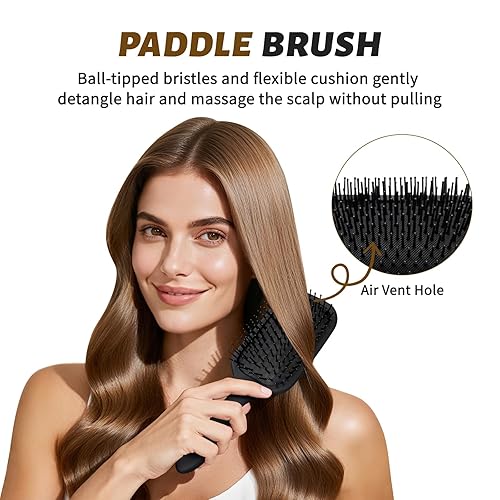 Vista 3 de Cepillo de pelo Balon para mujeres y hombres, juego de cepillo de paleta de 4 piezas, cepillo desenredante, peine para cabello largo, grueso, fino