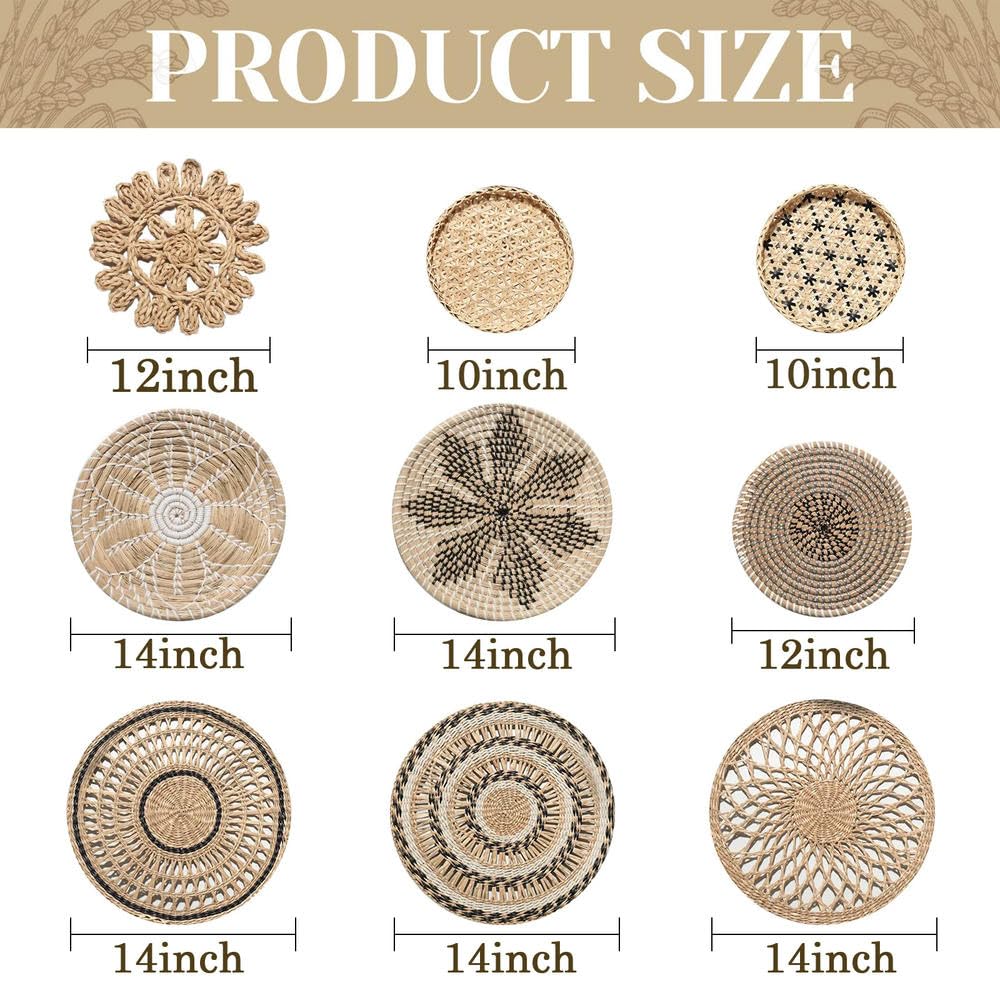Juego de decoración de Pared de 9 Decoraciones para el hogar, decoración de Pared de ratán, Cesta de Mimbre, cestas Colgantes para Pared, Platos Decorativos para Pared