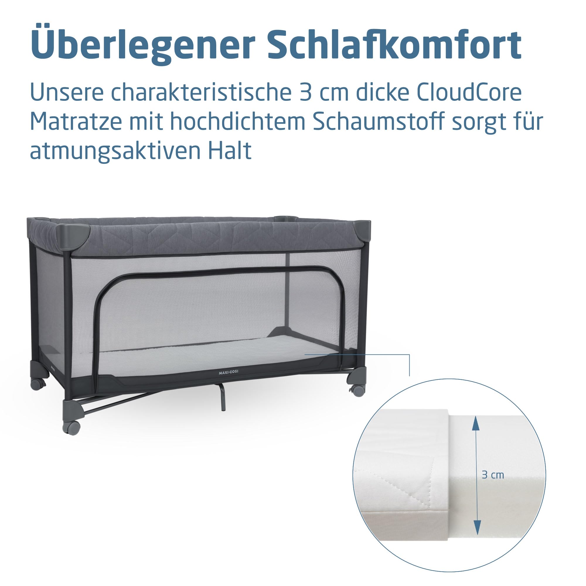 Maxi-Cosi Merlin, 2-in-1 Reisebett & Spielplatz, 0–4 Jahre, bis 18 kg, Baby und Kinderreisebett, In 1 s Klappbar, 120×60 cm CloudCore-Matratze, Seitliches Einstiegsfenster, 4 Rollen, Elegance Graphite