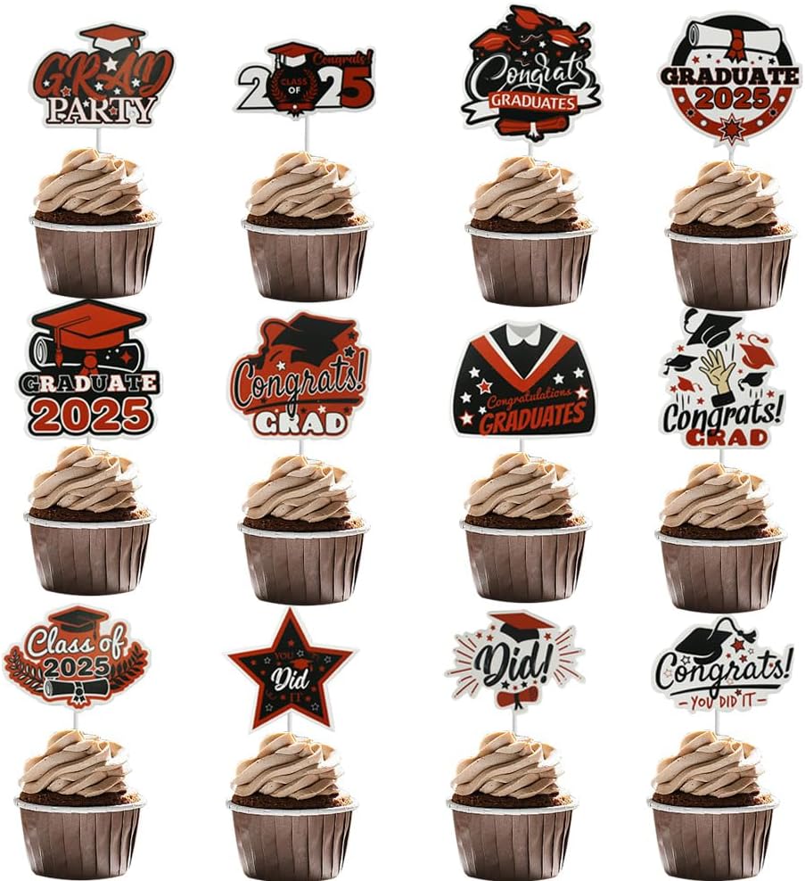 12Pcs 2025 Graduation Theme Cupcake Toppers,Congrats Grad 2025 Cake Topper,2025 Graduation Theme Party Cake Decorations Supplies (Red)
