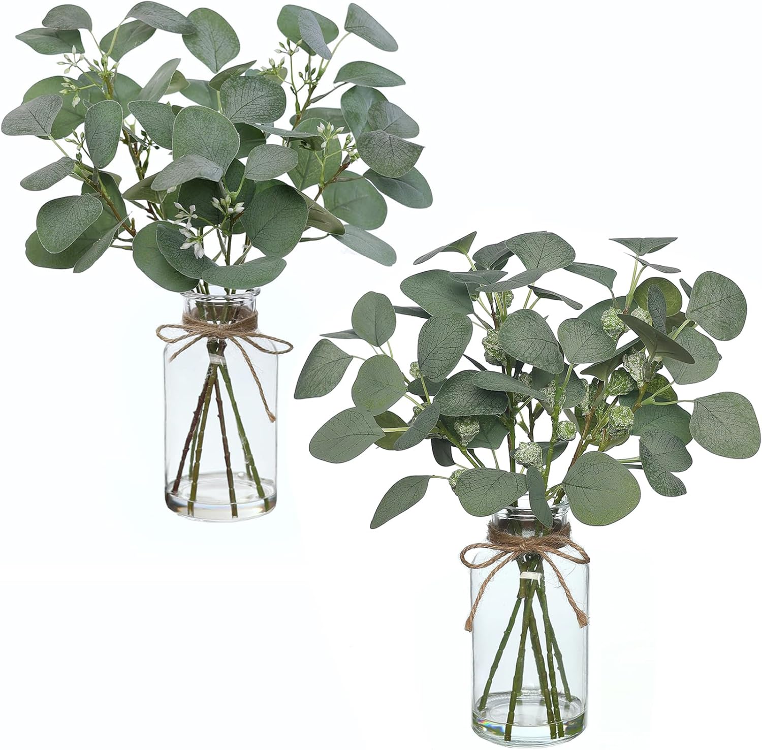 YXZZWL 2 Pcs Artificial Eucalyptus Stems in Glass Vase with Faux Water,15" Fake Plant Eucalyptus Leaves White Seeds for Bathroom Shelves Table Kitchen Room Farmhouse Home Decor (Grey Green)
