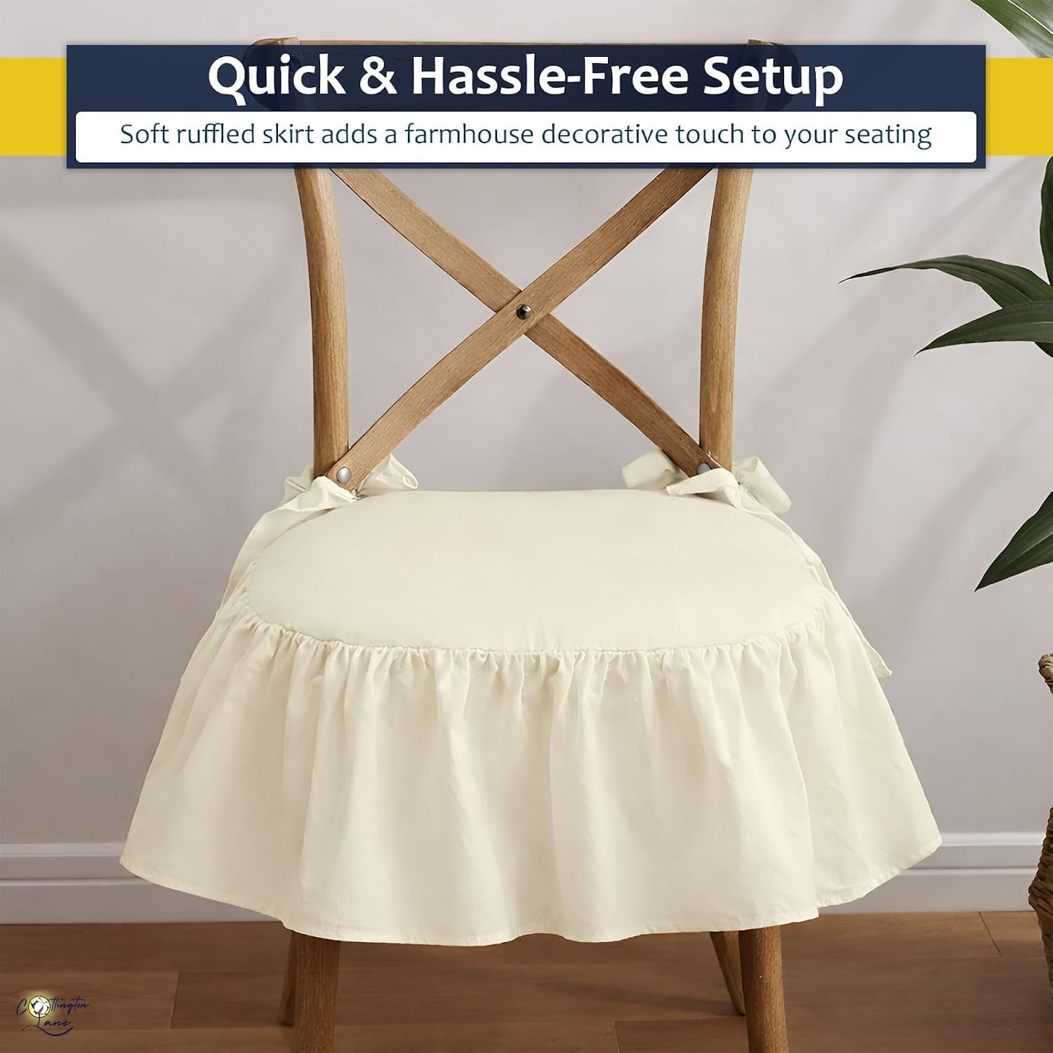 Cottington Lane Ruffled Chair Cushion Covers Pack of 6, Premium Egyptian Cotton 17.5 x 17.5 x 2.5 Inch Square Chair Pad Slipcovers with Ties, Decorative Farmhouse Seat Covers Only, Ivory