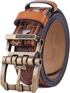 BISON DENIM Men's 100% Genuine Leather Western Cowboy Belt - Durable Casual Dress Belt with Heavy-Duty Buckle, Sizes 31-47"
