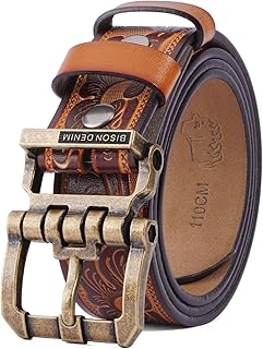 BISON DENIM Men's Genuine Leather Casual Belt, Classic Western Cowboy Dress Belts