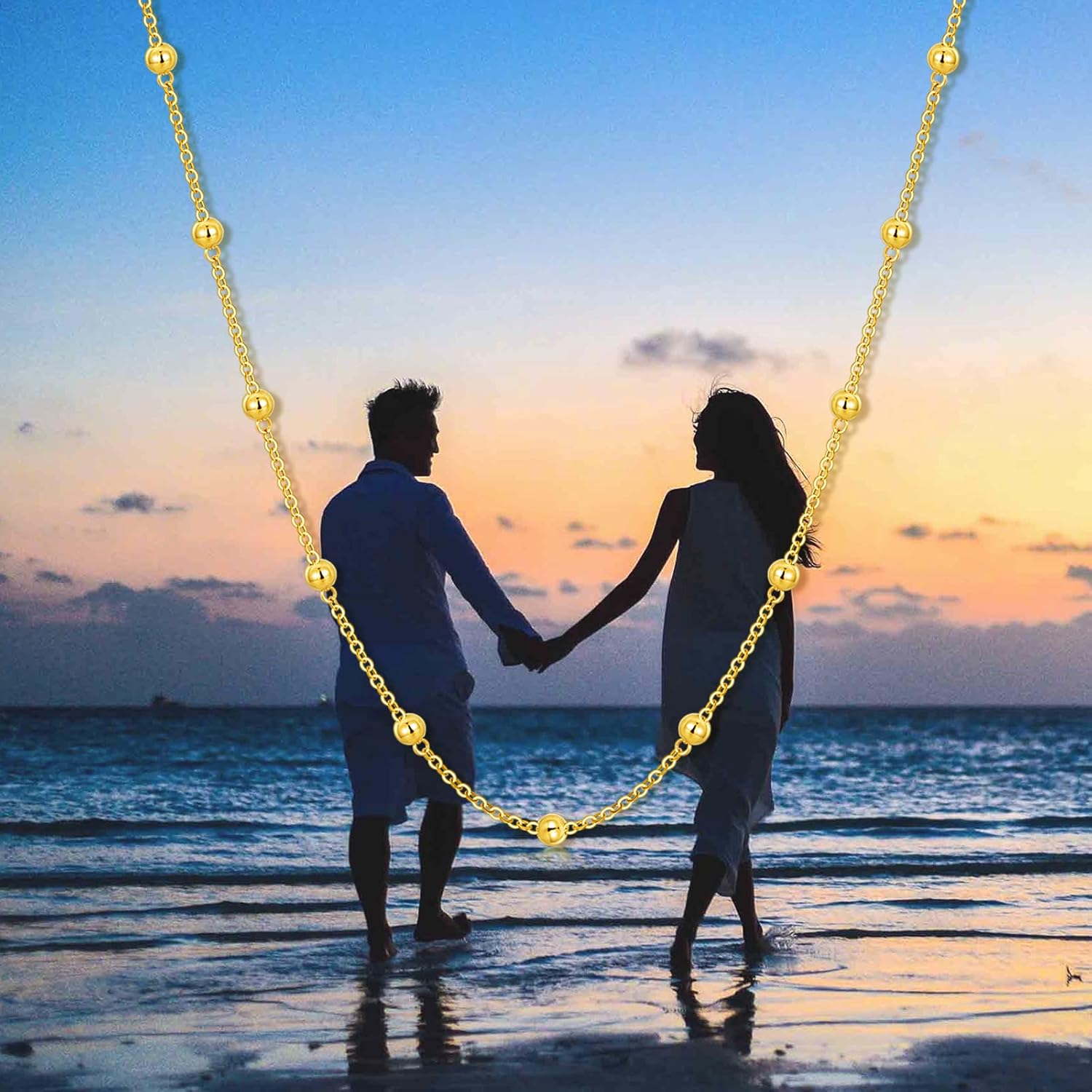 Real 14k Gold Bead Station Choker Necklace for Women, 3 MM Ball Chain Jewelry Gifts for Her, 15-18 Inch