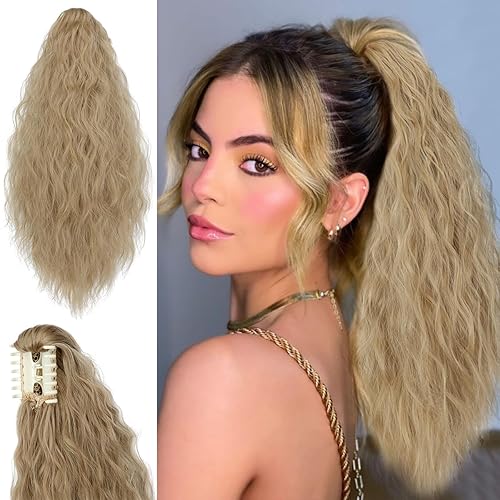 Miniatura 1 de Yekartary Extensión de cola de caballo con clip de garra para mujer, 18 pulgadas de largo, ondulado, multicapa, pelo sintético esponjoso, mezcla de