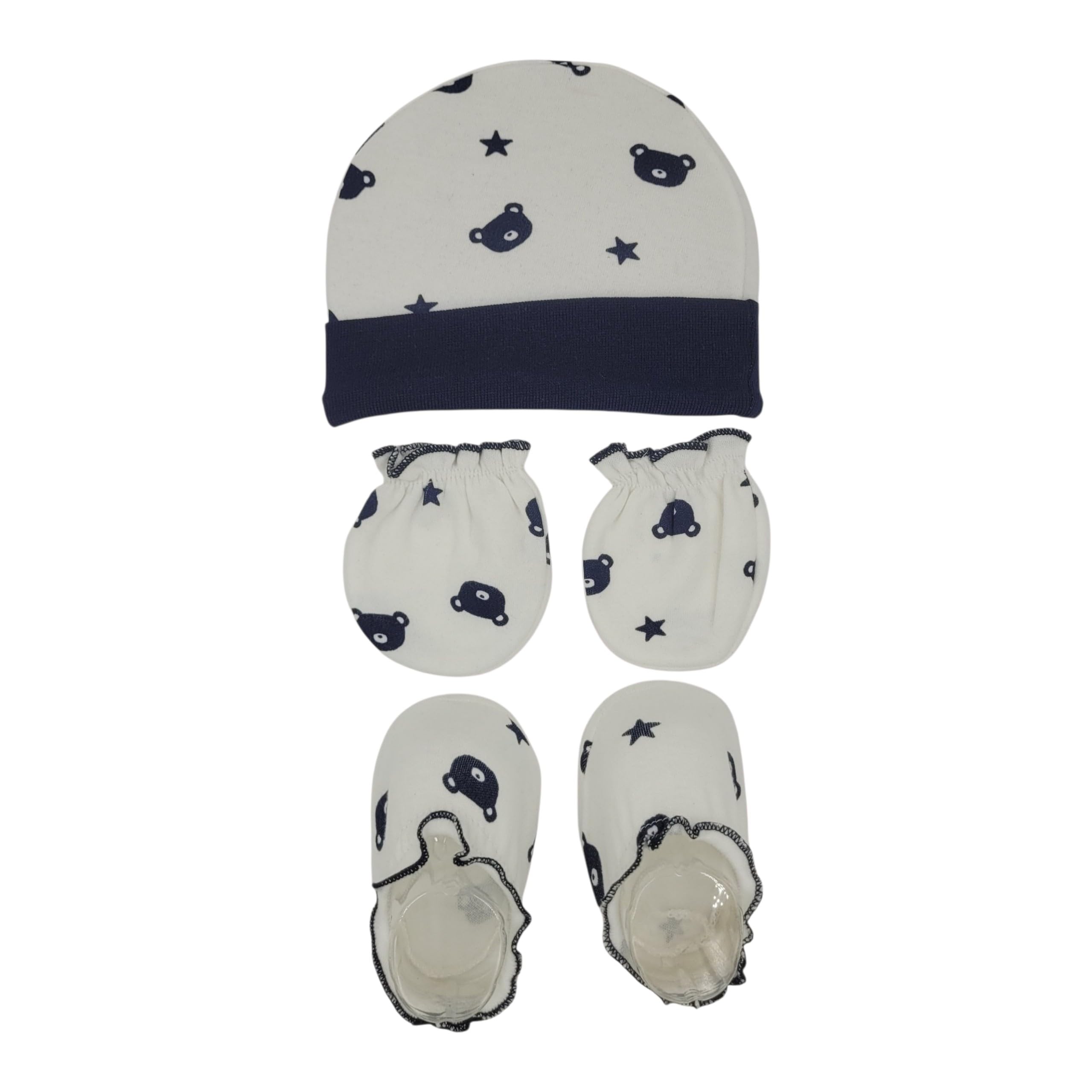 Teddy Bear Print Baby Gift Set|Baby Cap,Mittens and Bootie Combo Set For Infant 0-6 Months (White & Navy Blue)-MB08-image-2