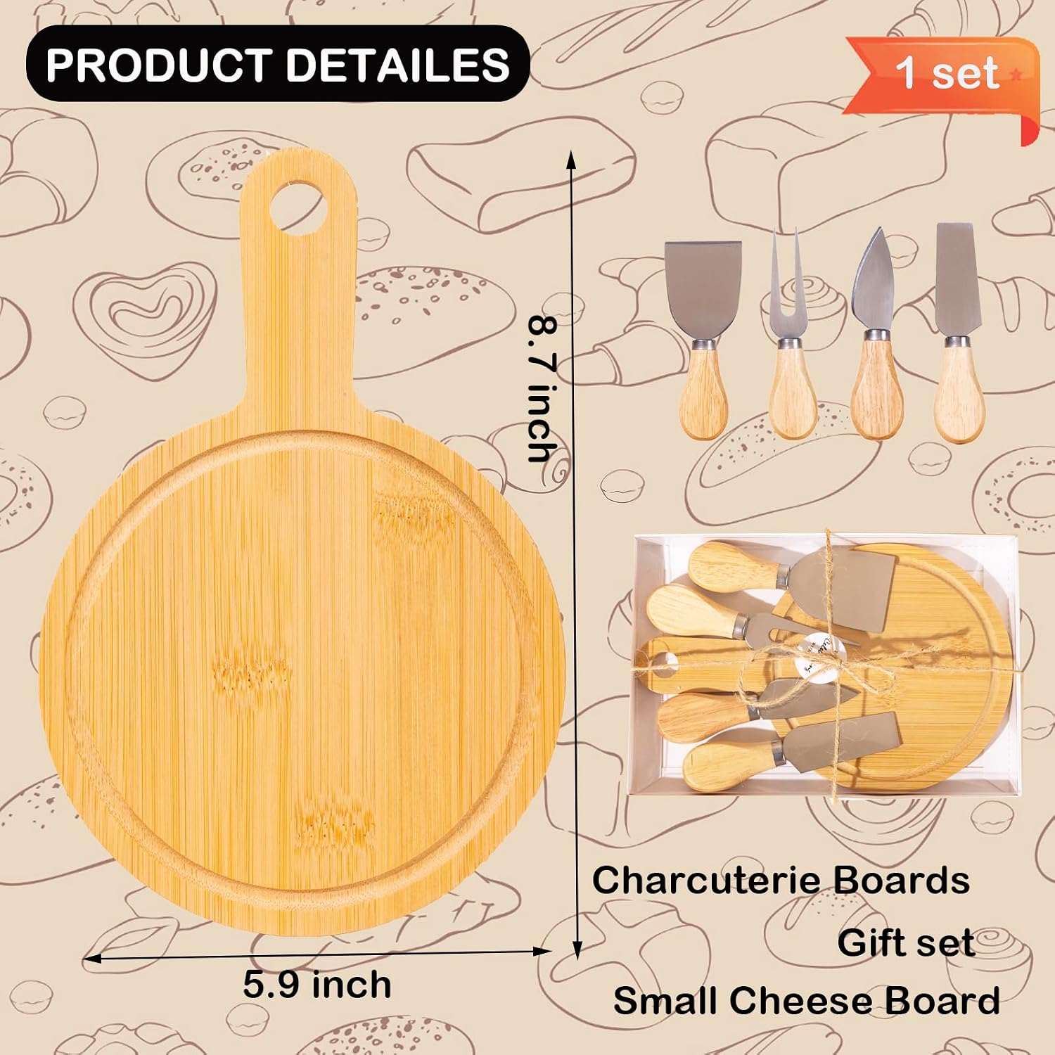 1 Set Small Cheese Board Mini Dessert Plate, 6-Inch Personal Charcuterie Board, Bamboo, Gift ready for Wedding, Bridal & Baby Shower Party Favors