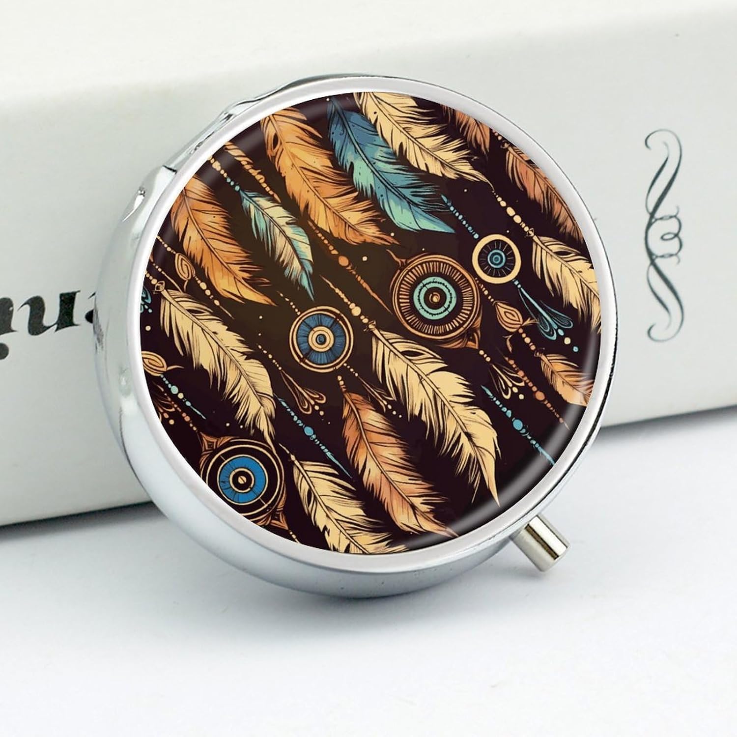 Round Daily Ethnic Tribal Feather Pill Case with 3 Compartment & Mirror image 4