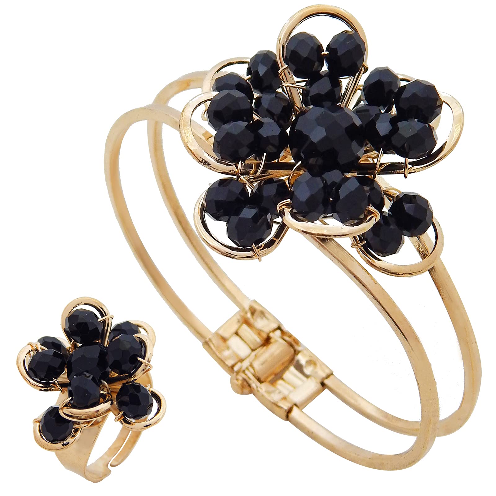 Fresh Vibes Western Design Flower Bracelet & Ring Combo for Women (Both Adjustable Size) - Stylish & Fancy Black Crystal Stones Breslet Finger Rings Set for Girls (B09GFR9348) Amazon Price History, Amazon Price Tracker