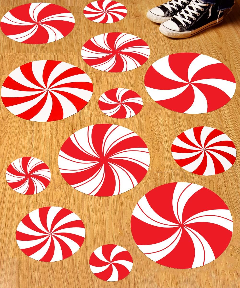 Rekcopu 12Pcs Peppermint Floor Decals Stickers for Christmas Candy Party Decoration Supplies