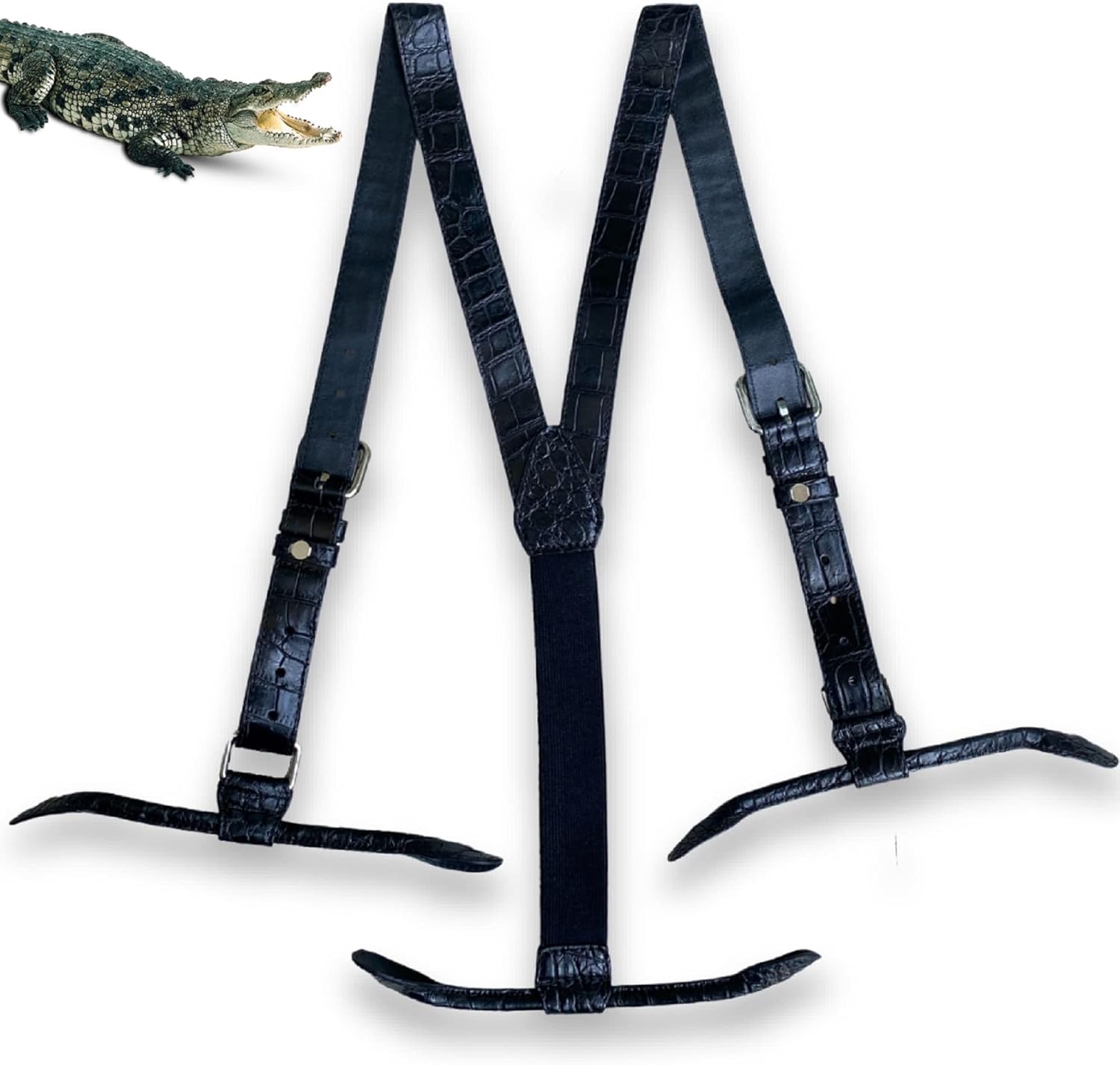 vinacreations Black Alligator Suspenders Mens Elastic Leather Suspender Y Back Design Button Adjustable Luxury DAY-01