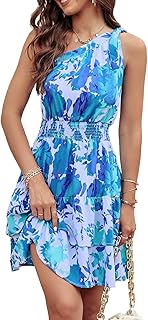 Women's Summer Tie One Shoulder Boho Floral Dress Elastic Waist Tiered Ruffle A Line Flowy Mini Dresses - Buy now