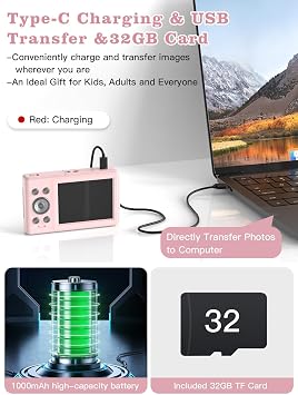 Digital Camera,56MP FHD 1080P Camera for Kids, Point and Shoot with 16X Zoom Anti Shake, Kid Camera with 32GB TF Card, Two Batteries, Lanyard, Compact Portable for Kids Teens Beginners-Pink | Point and Shoot Kid Camera with 32GB TF Card,Two Batteries, Lanyard,Compact Portable for Kids Teens Beginners-Pink