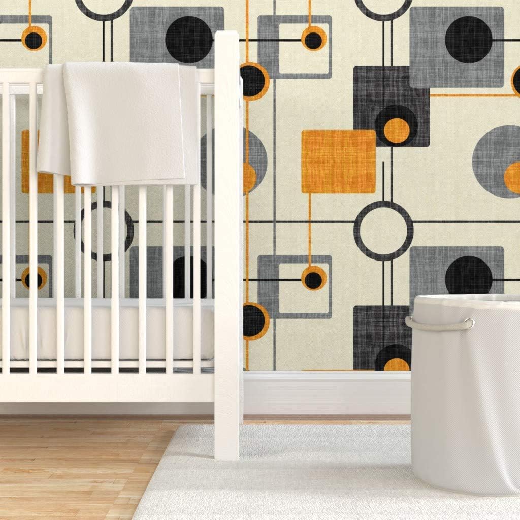 Removable Wallpaper 3ft x 2ft - Orbs Squares Orange Mod Mid Century Modern Retro Vintage Geometric Gray Black Abstract Atomic Custom Pre-Pasted Wallpaper by Spoonflower