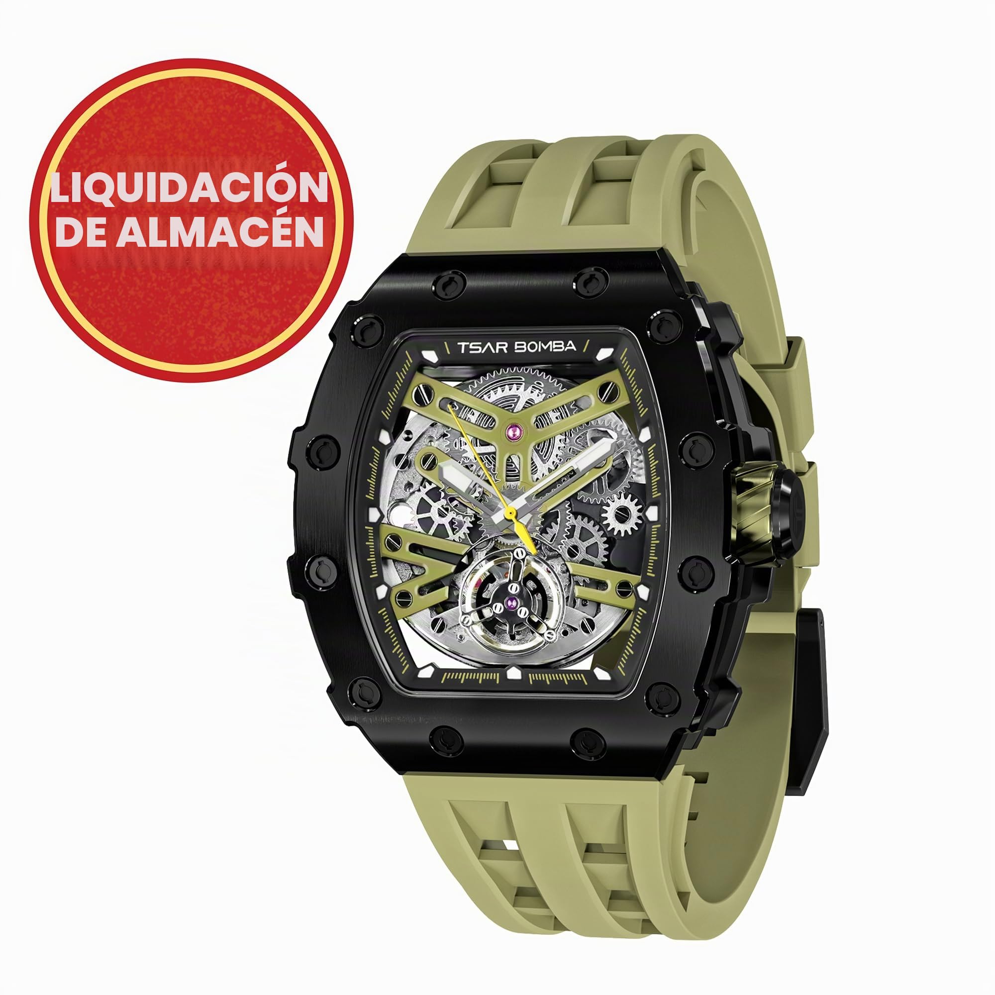 TSAR BOMBA Lujo Reloj Hombre Silicona Tonneau Automático Japonés Relojes de Pulsera para Hombre Esqueleto 50M Impermeable Cristal de Zafiro Luminoso Clásico Regalo para Hombres