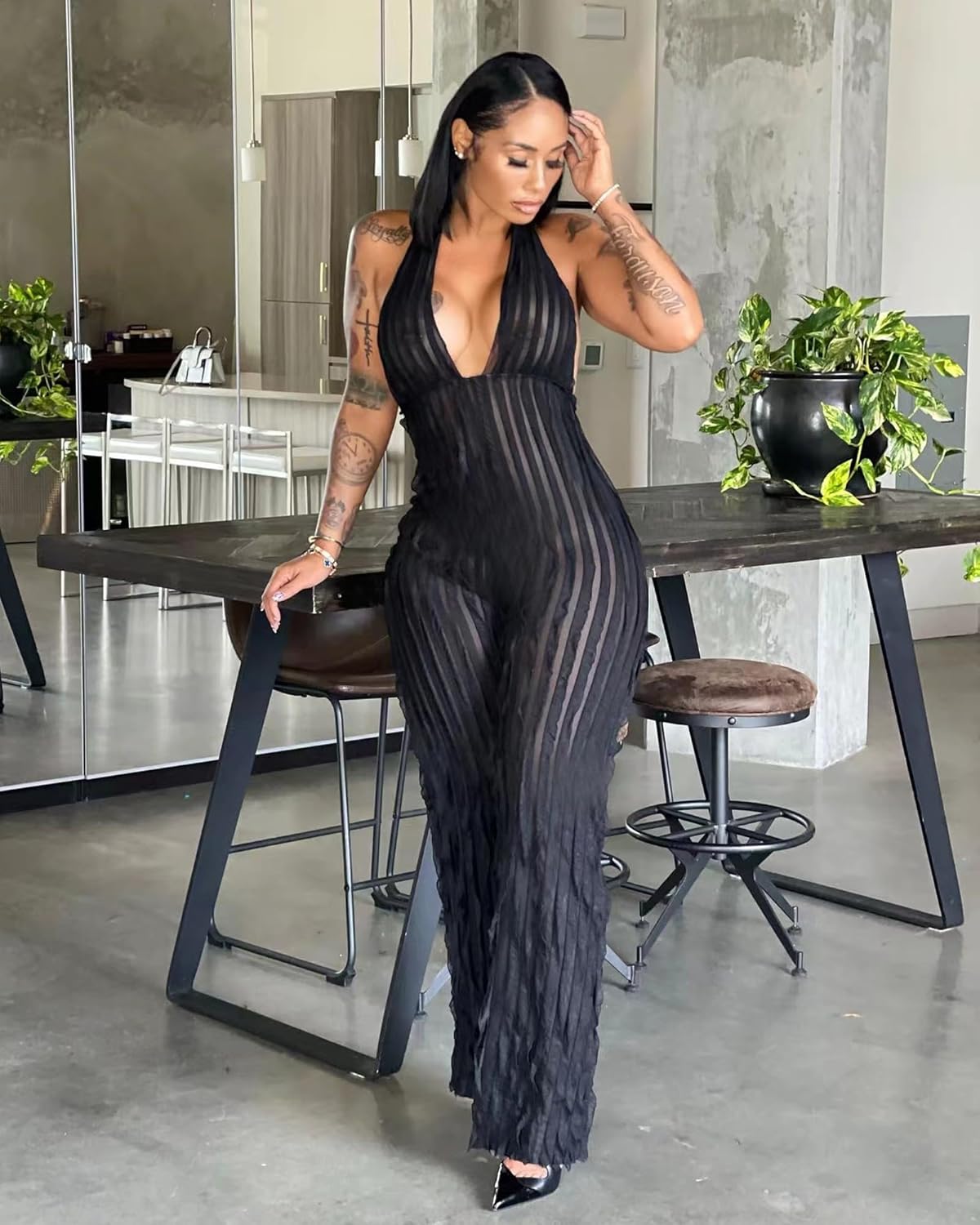 Doweha Sexy Summer Halter jumpsuits for women Dressy 2025 backless V Neck wide leg long pants jumpsuit Romper club outfit - Image 3