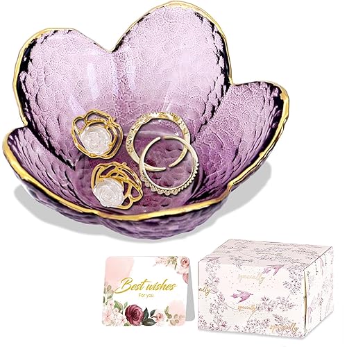 Purple Flower Jewelry Dish Glass Ring Dish Jewelry Tray Cute Vanity Organiser Room Decor Aesthetic Nightstand Bathroom Decor Trinket Dish Ring Holder Valentine's Friendship Birthday Gifts for Women